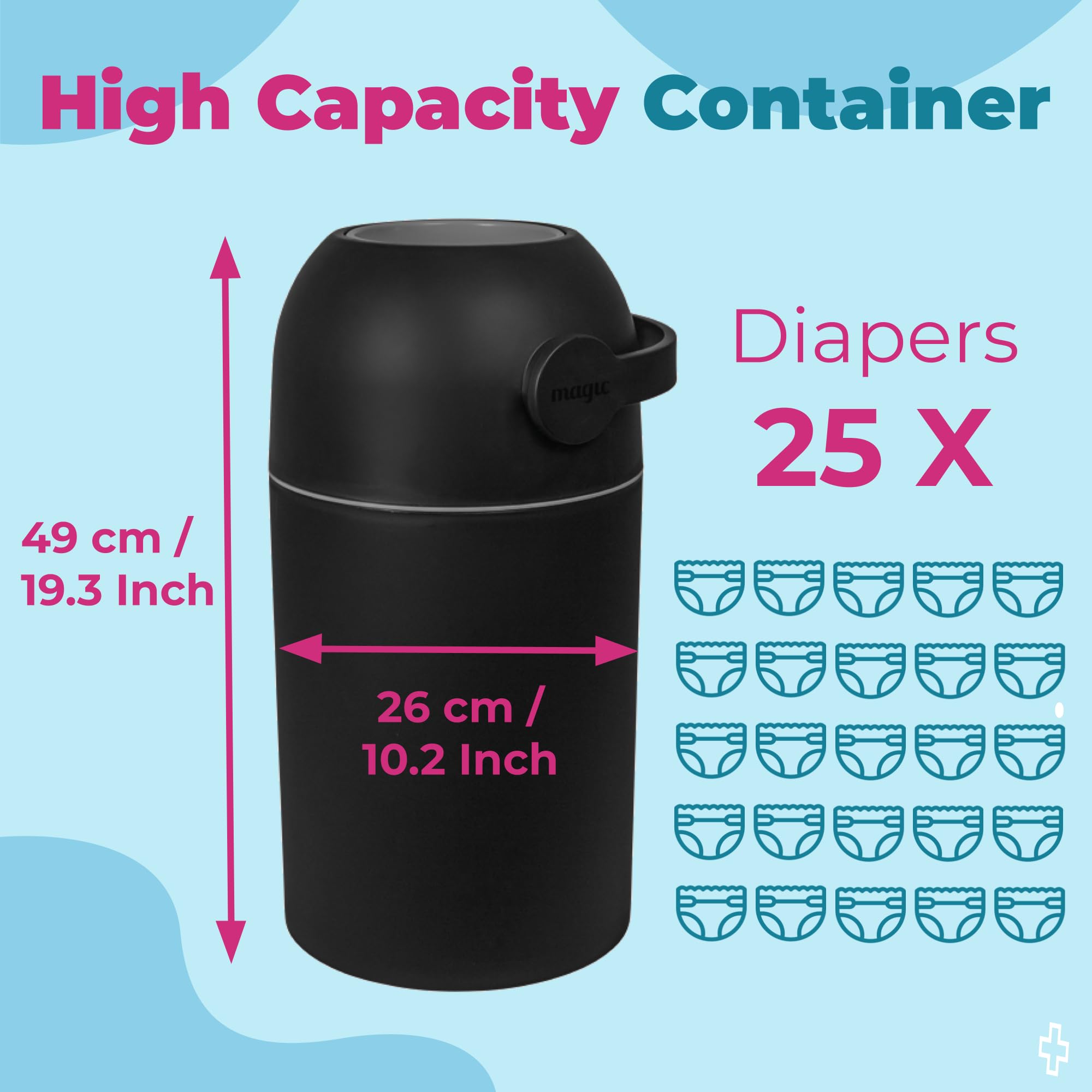 Seau à couches magique, système breveté anti-odeurs, utilisez n'importe quel sac poubelle, levier libre à une main, poubelle à couches pour bébé, noir, taille L, Noir, L