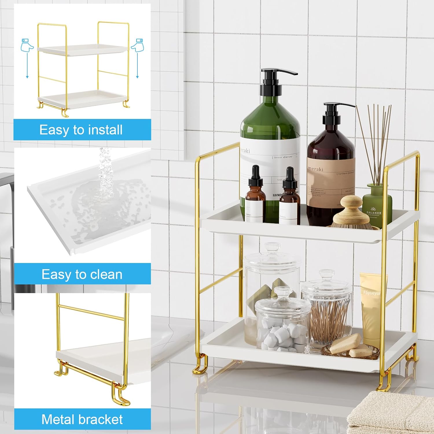 FSyueyun 2-Tier Bathroom Countertop Organizer, Tool-Less Premium Plastic Makeup Organizer - Bathroom Tray for Perfume, Skincare, Cosmetics on Dresser, or Bedroom(White and Gold) - Image 3