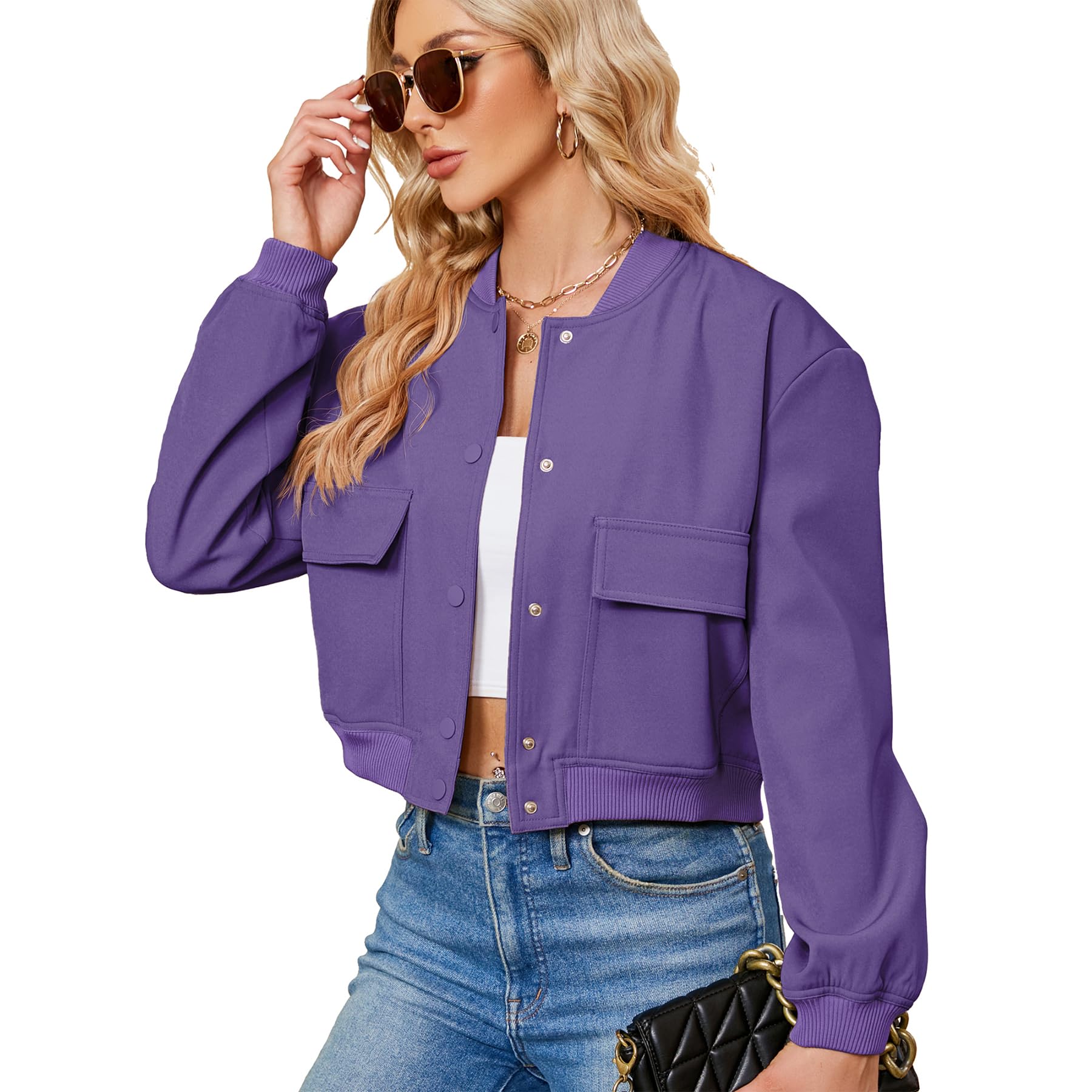 ZandoBomber Jacket Women 2025 - Short Cropped Jacket Women Button Down Long Sleeve Casual Varsity Jackets with Pockets
