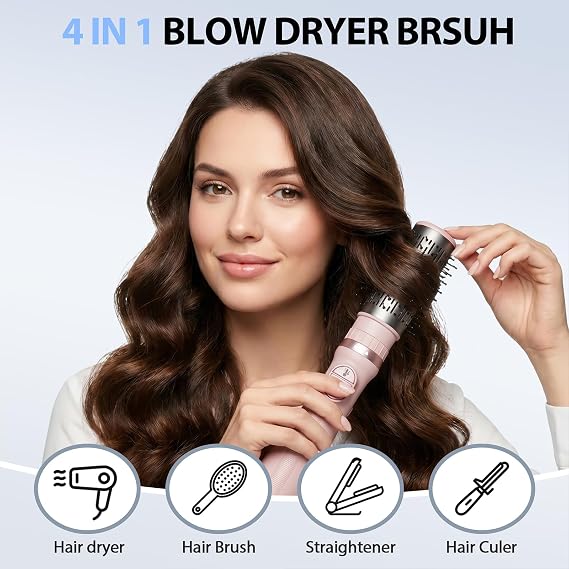 Rotating Hair Dryer Brush, Blow Dryer Brush with 3 Heads for Drying Styling Volumizing Curling Sleeking in One Step, 3 Temperatures, Negative Ionen, Ceramic Coating, 360 Rotating, Pink