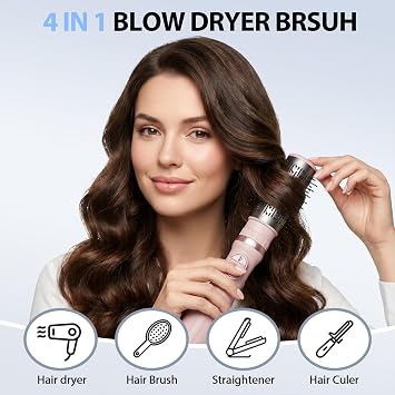 Rotating Hair Dryer Brush, Blow Dryer Brush with 3 Heads for Drying Styling Volumizing Curling Sleeking in One Step, 3 Temperatures, Negative Ionen, Ceramic Coating, 360 Rotating, Pink
