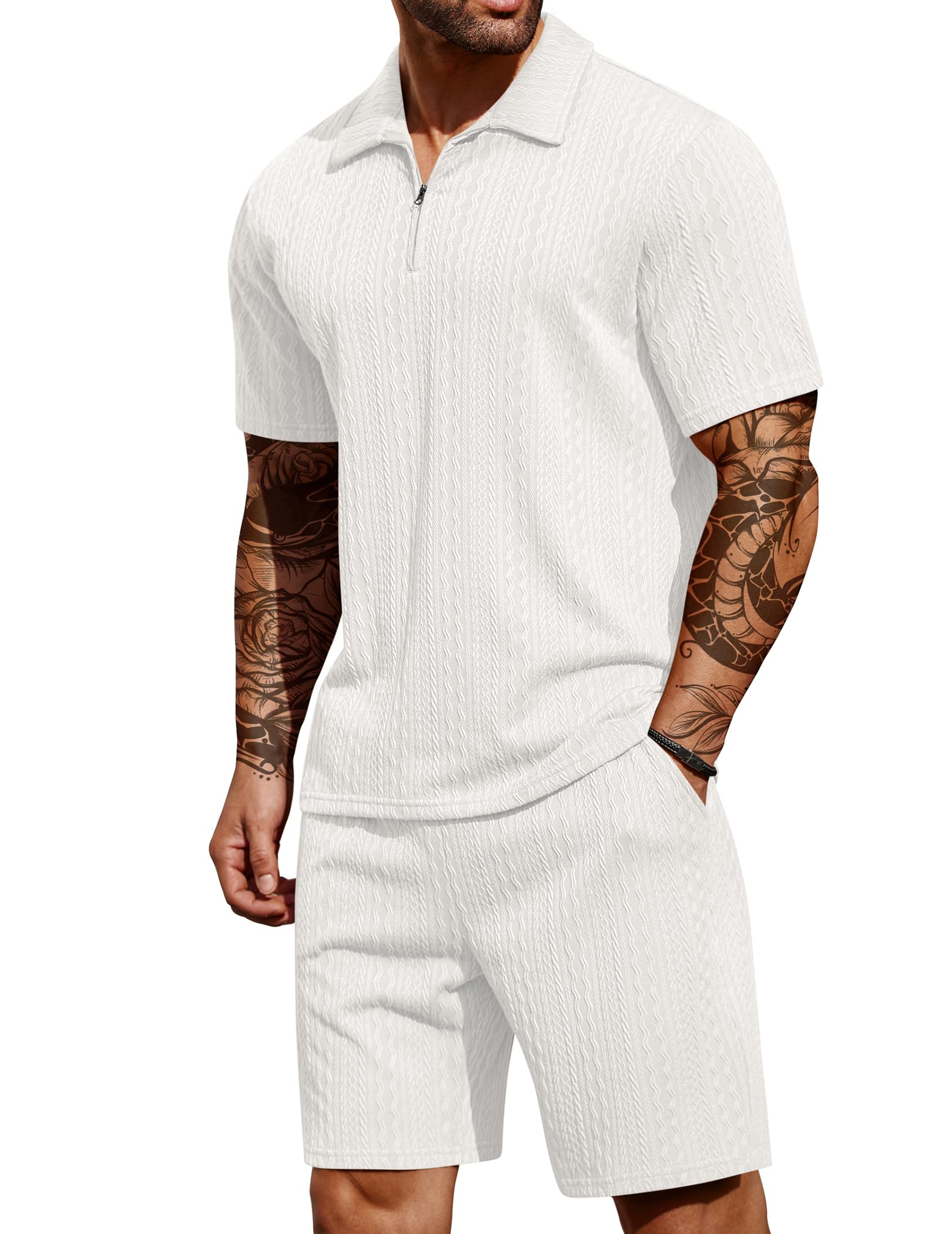 COOFANDY Men's Quarter Zip Polo & Shorts Set