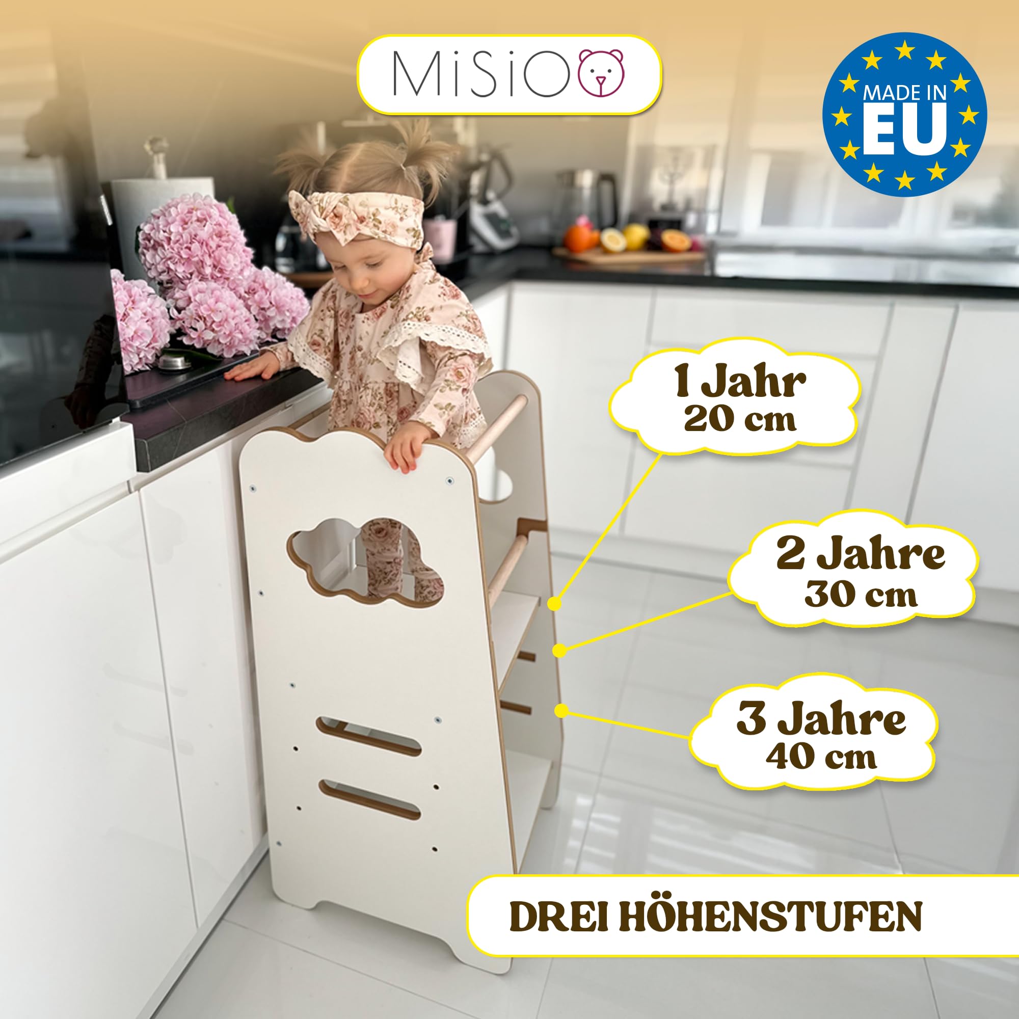 MISIOO Lernturm Ab 1 Jahr - Learning Tower - Höhenverstellbar Montessori Lernturm mit Kippschutz - Massiv und Stylisch - Hergestellt in der EU inkl. Montagezubehör - 89,5 x 41 x 41 cm