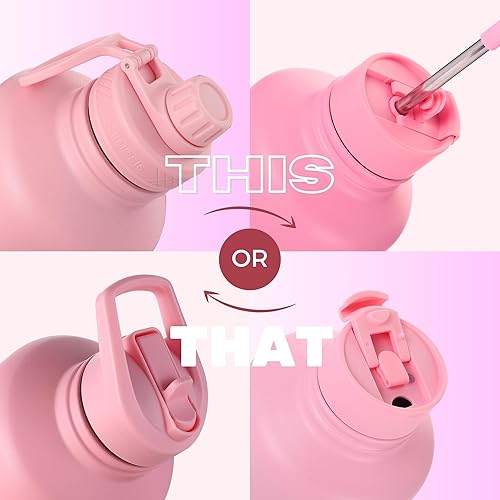 Miniatura 4 de THERMOSIS Botella de agua de 64 onzas con pajilla, botella de agua de medio galón con apertura de boca ancha y 3 tapas. Incluye soporte para botella