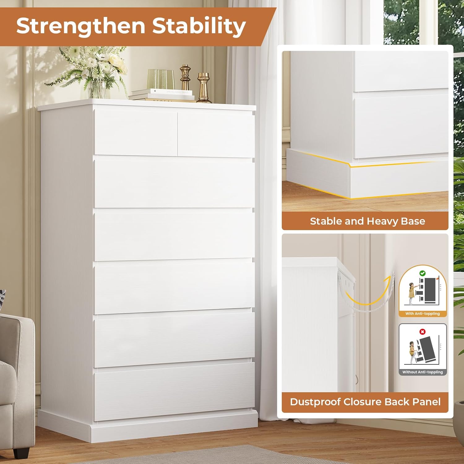 Image highlighting the stable and heavy base of the dresser and the dustproof closure back panel, along with an anti-tipping device illustration.