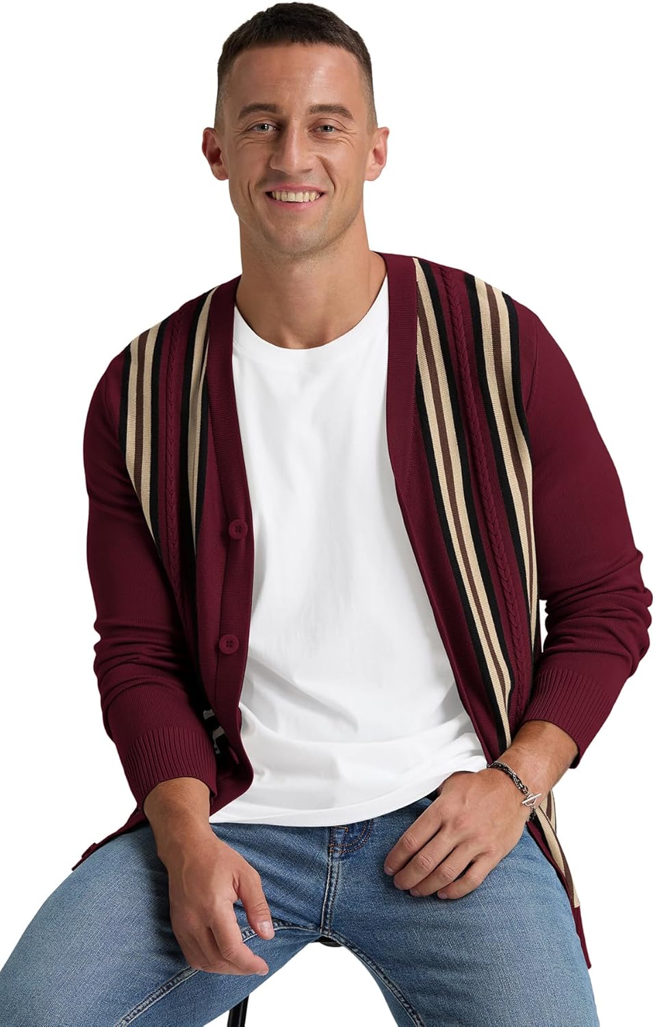 NITAGUT Mens Cardigan Sweater Vintage Striped V-Neck Long Sleeve Button Down Knitted Sweaters - Image 3