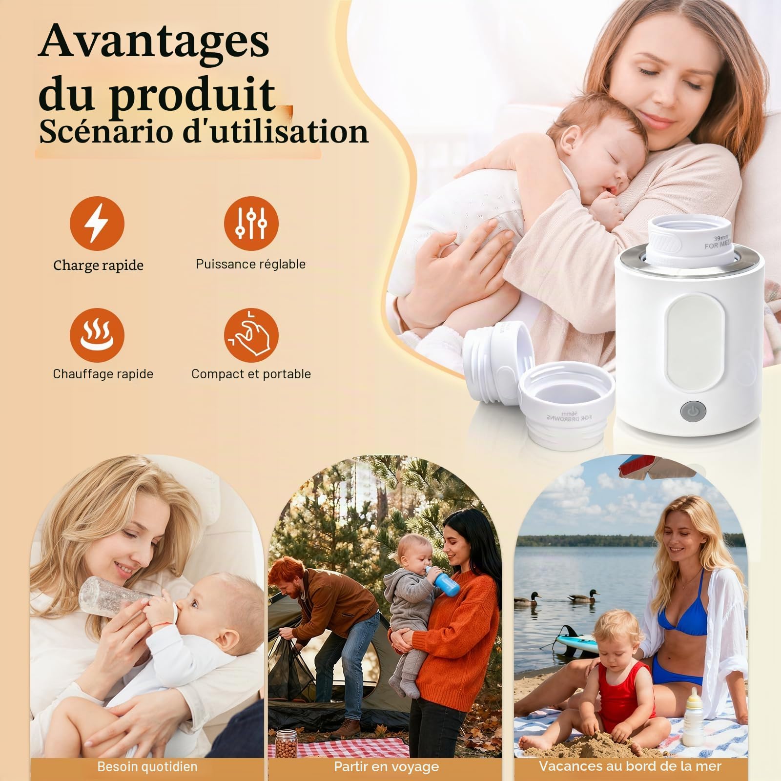 Chauffe Biberon Nomade, Chauffe Biberon Portable pour Bébé, 4 Niveaux de Puissance, 2 Modes, Protection Contre la Chauffe à Sec, Lavable pour Voiture et Voyage