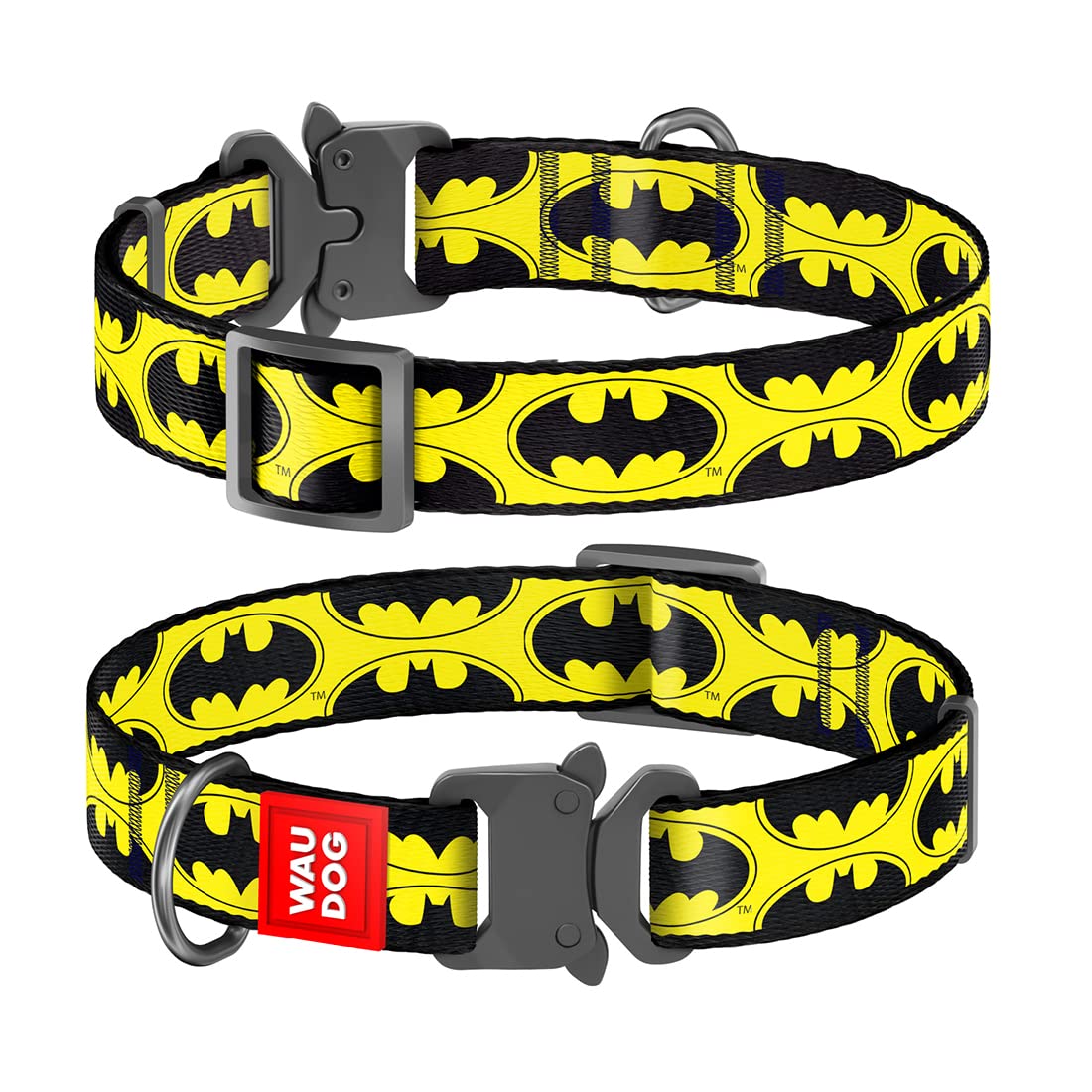 WAUDOG Adjustable Dog Collars - Batman Logo Printed Collars for Dogs & Puppies - Soft Durable & Strong Dog Collars - Nylon Dog Collars for Pets - Yellow,Black (24-40 cm)