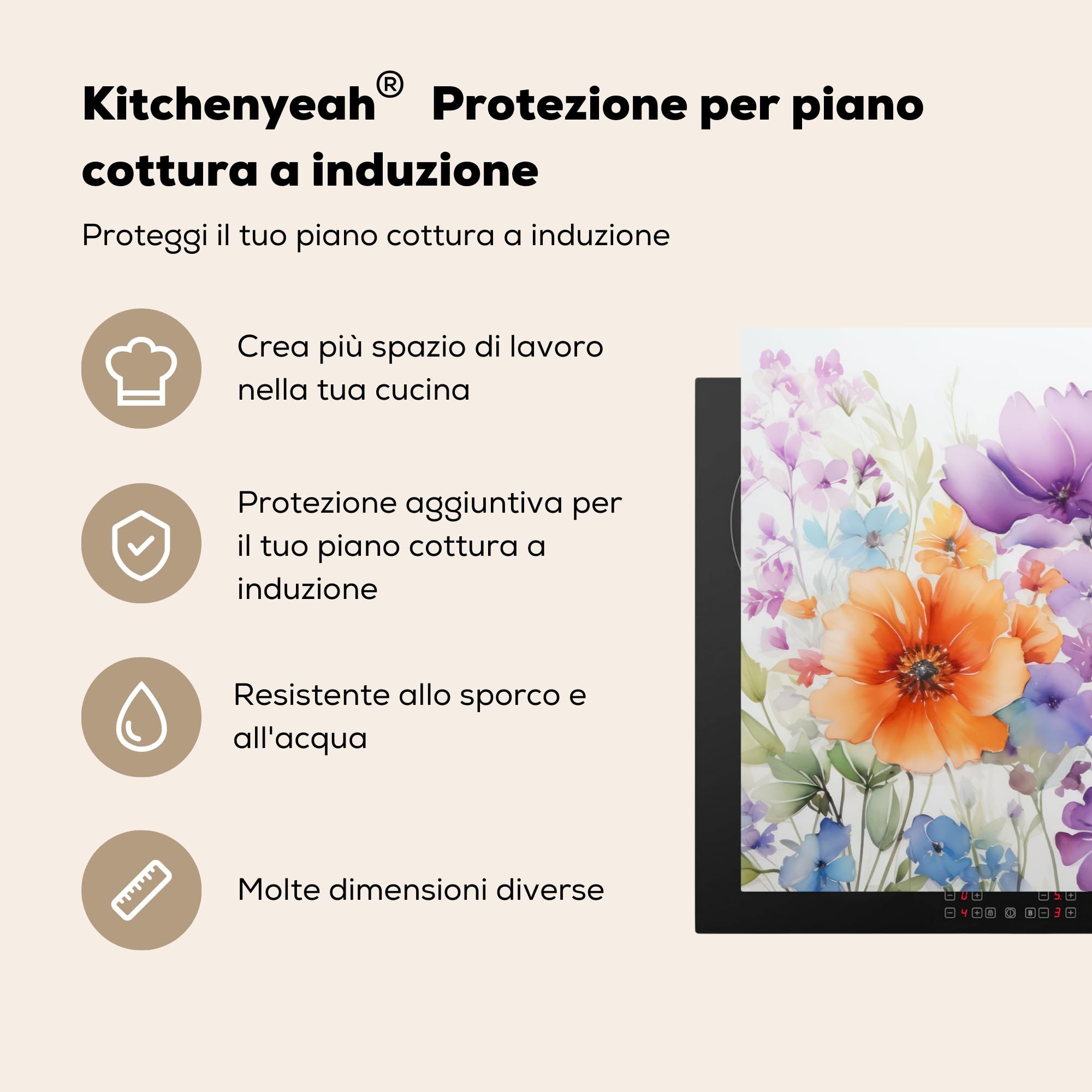 KitchenYeah© Protezione Piano Induzione 80x52 cm Cucina Copri Fornelli Proteggi di Cottura Antiscivolo Tappetino Acquerello - Fiori - Primavera - Natura