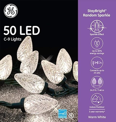 GE StayBright - Tira de luces LED C9 de 24.5 pies, color blanco cálido y brillante, 50 unidades