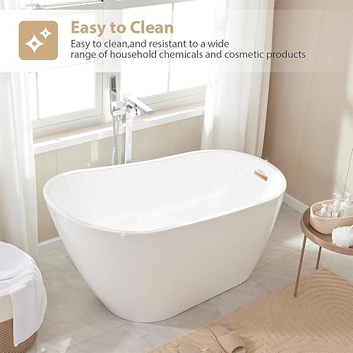 Miniatura 3 de Vanity Art Bañera independiente de 55 x 28 pulgadas, bañera de acrílico blanco, moderna bañera de remojo sola con desbordamiento ranurado