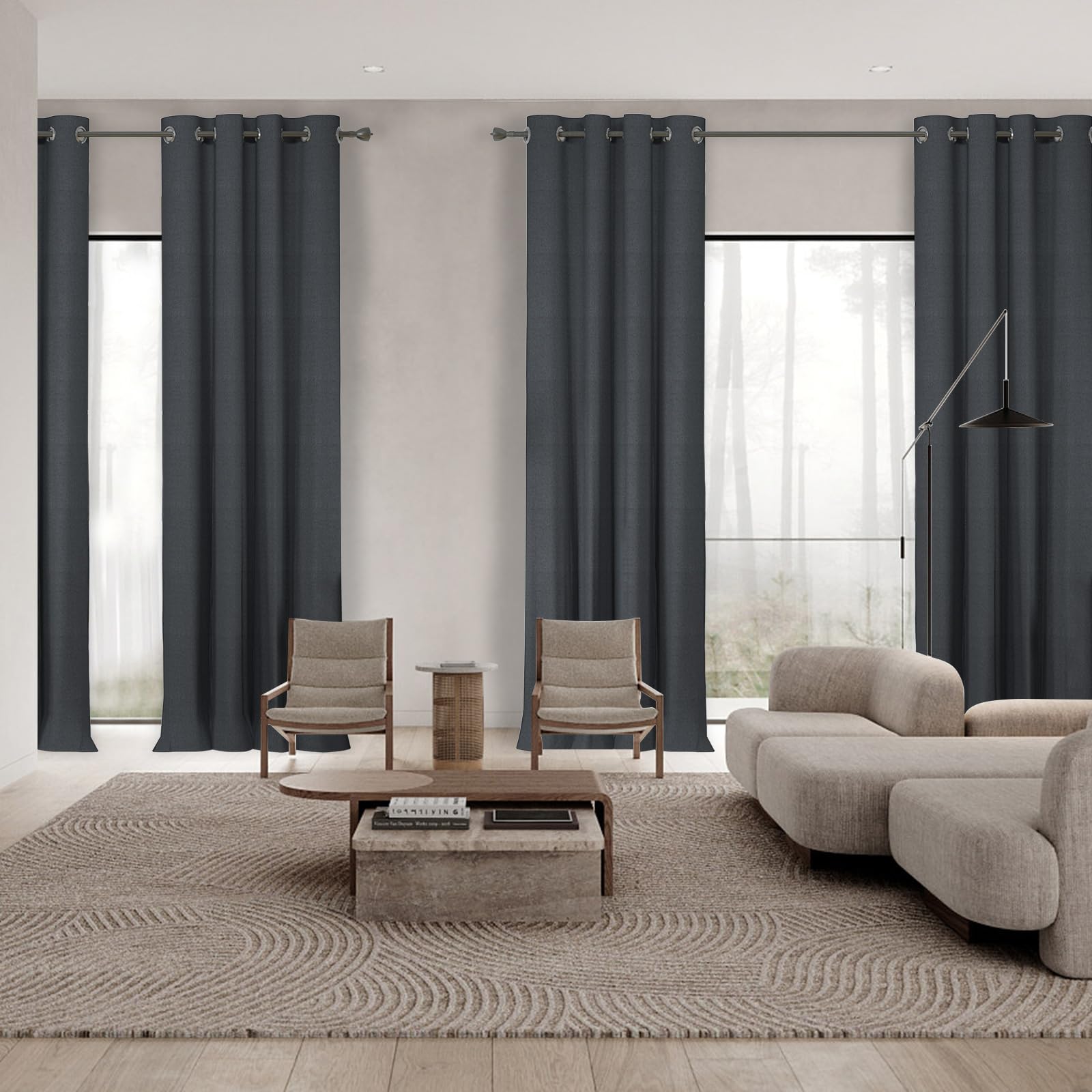 YSTELLAA Rideau 100% Occultant Lot De 2, 140×180cm, Effet Lin, Rideau Thermique Isolant Anti Froid Et Chaleur, Rideaux Anti Bruit, avec Oeillet, pour Salon Et Chambre, Gris