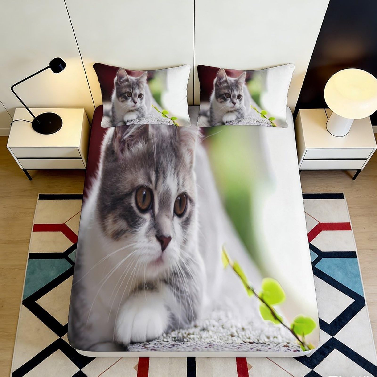 3D Printed Cute Cat Fitted Sheet Microfiber Soft Breathable Kitten Mattress Cover for Bedroom Guest Room Decor 180x200x25cm
