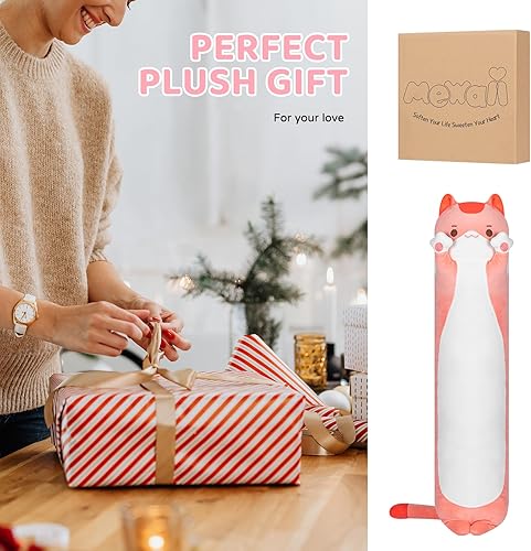 Miniatura 8 de Almohada larga de felpa para niños, 20 pulgadas, lindo gato rosa, animales de peluche, peluche suave, almohada de peluche Kawaii de gatito, regalo