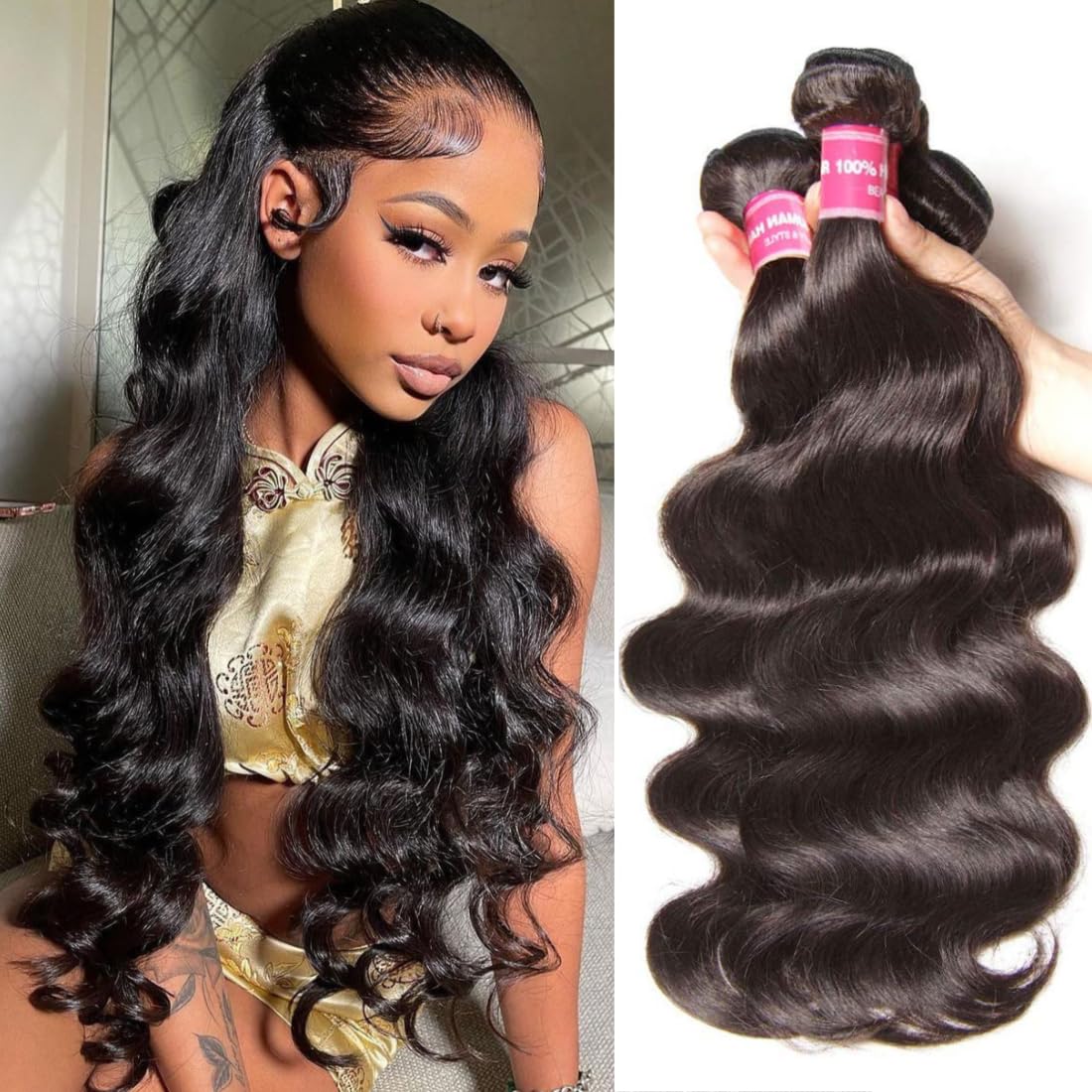 Sunber Malaysian Body Wave 3 Bunles 7a 100% Unprocessed Virgin Hair Remy Weave Hair Human Bundles Mixed Length 95-100g/pc Natural Black Color (14 16 18 inch, Natural Color)