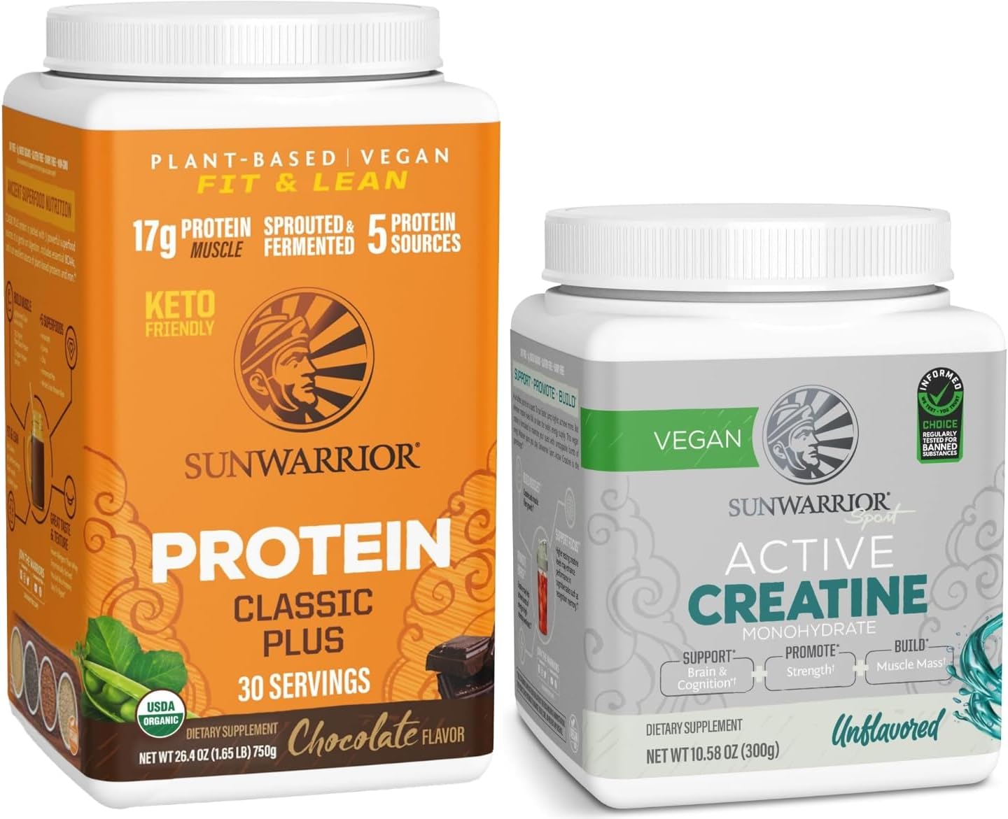 Creatine Powder & Chocolate Classic Plus Organic Protein Powder Set | Bundle & Save | Vegan Protein Superfood Blend plus Unflavored Creatine Monohydrate (60 Servings Unflavored, 30 Servings Chocolate)