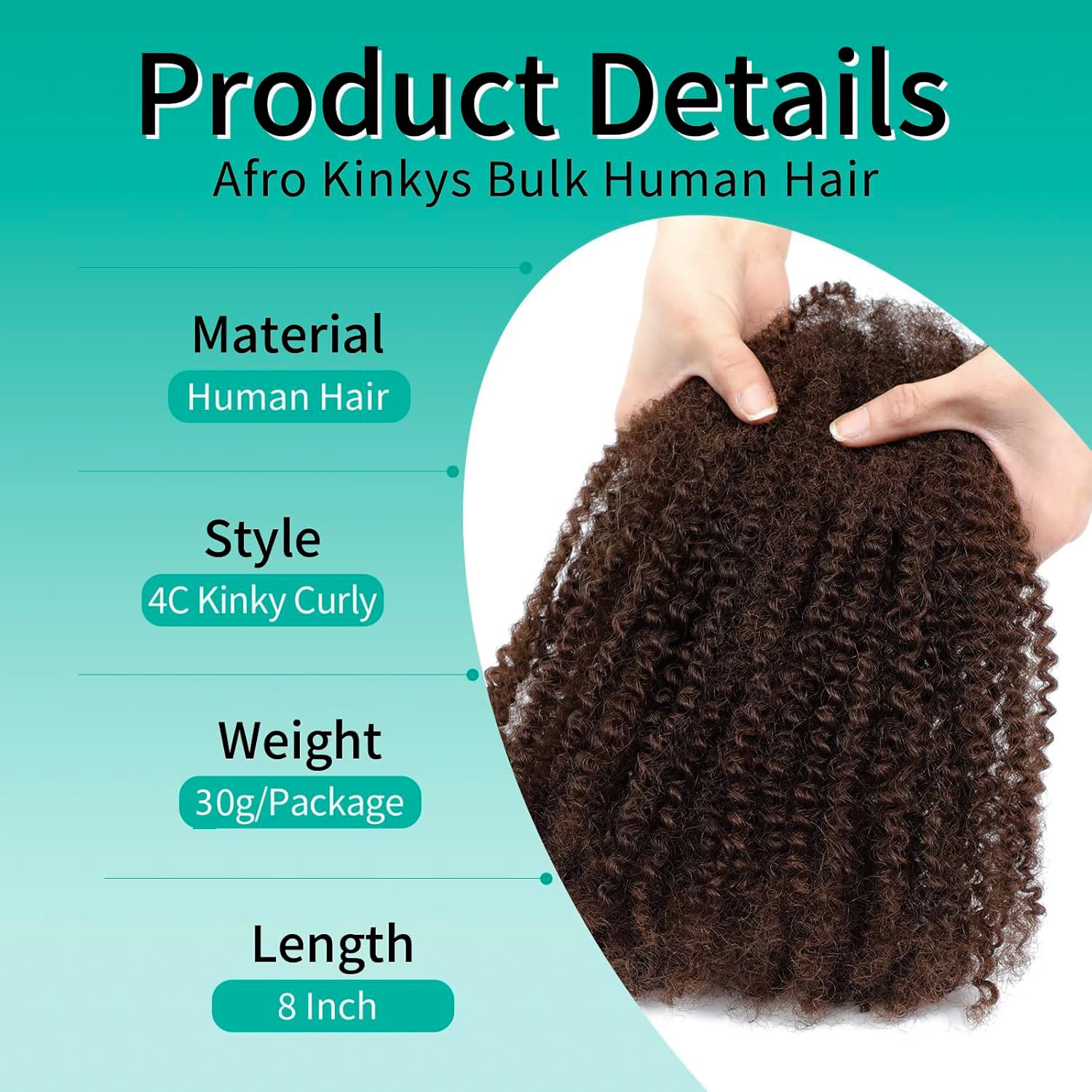 PORSMEER Afro Kinkys Bulk Human Hair for Dreadlocks and Twist Braiding 1 Pack 100% Human Hair Soft Afro Kinky Curly Hair Bulk for Dreads Dark Brown (8 Inch) - Image 2