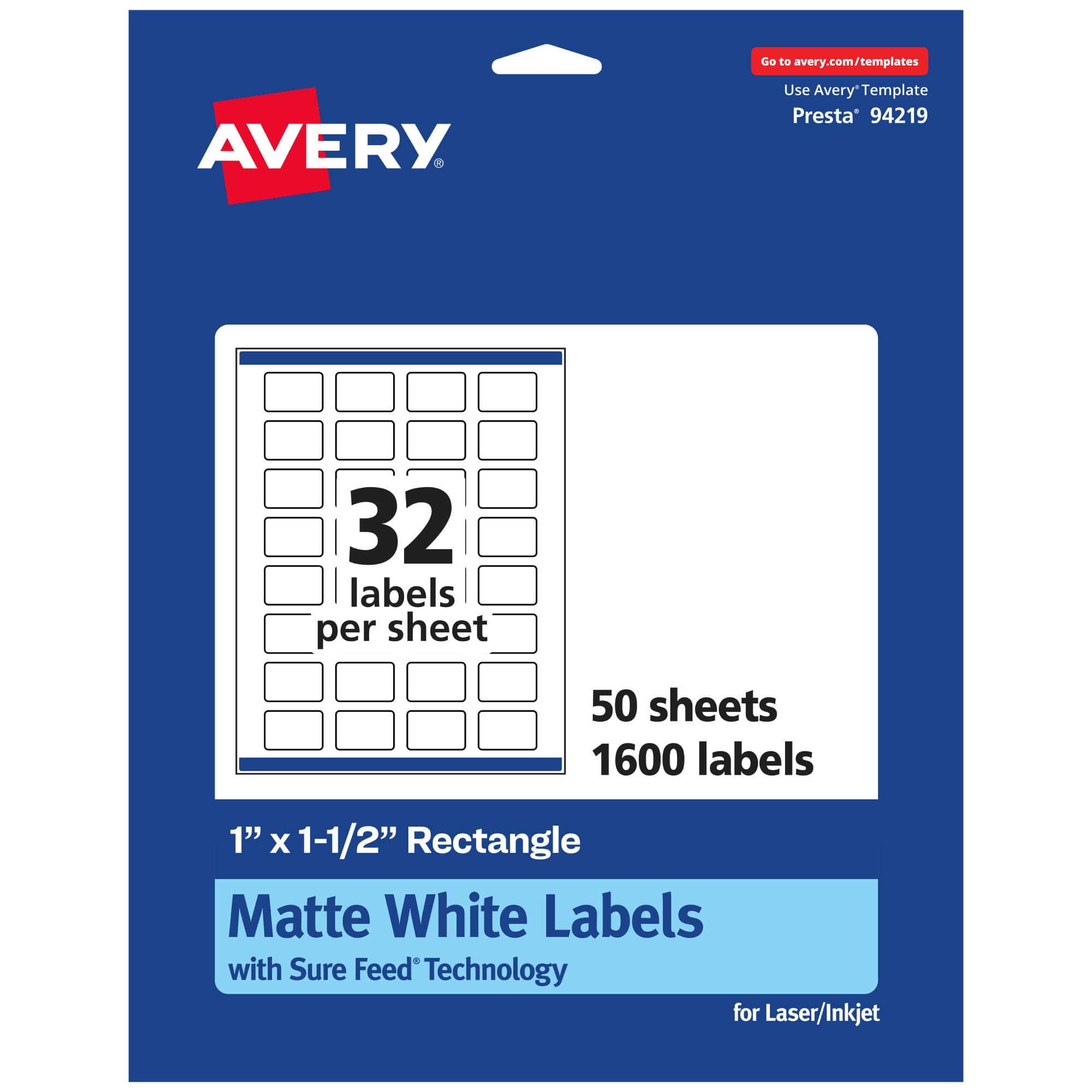 Avery Etiquetas rectangulares blancas mate con alimentación segura, 1 x 1.5 pulgadas, 1.600 etiquetas imprimibles blancas mate