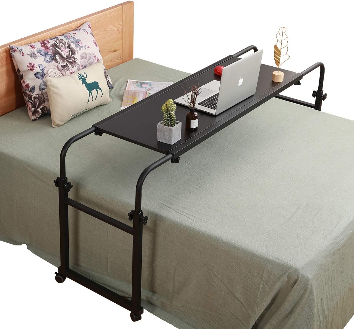 TigerDad Overbed Table with Wheels Overbed Desk Over Bed Desk King Queen Bed Table Overbed Laptop Table Over Bed Table with Wheels(Black)