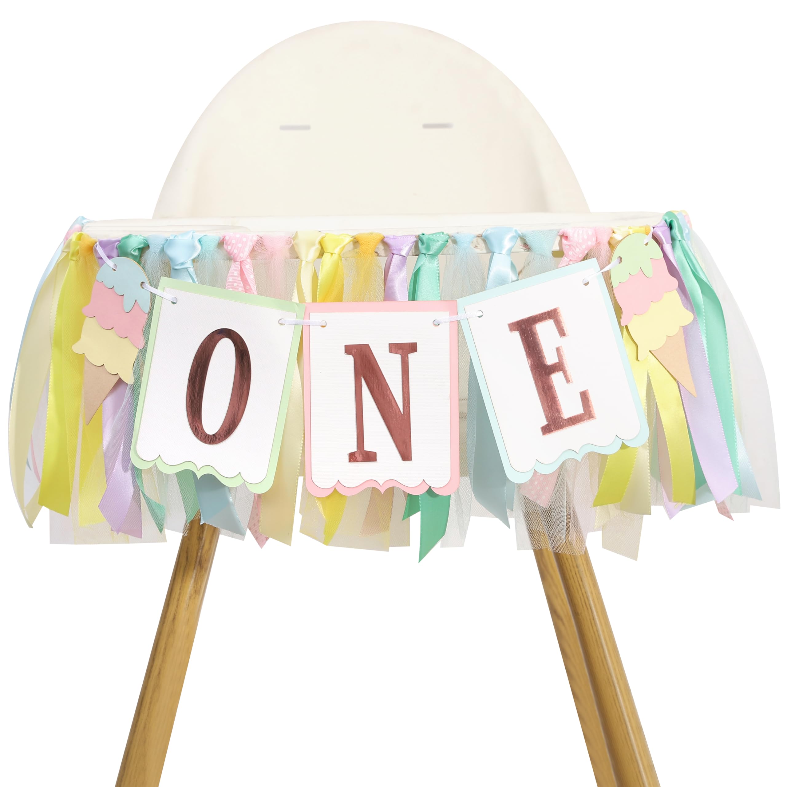 Ice Cream One High Chair Banner - Summer Sweet 1st Birthday Decorations,Colorful Ice Cream Ribbon Banner,Summer Cool Party Highchair Garland,Sweet