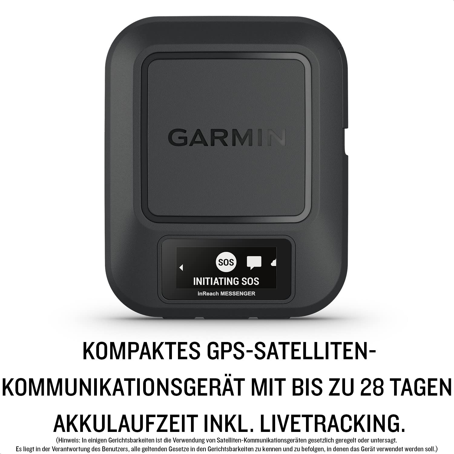 Garmin inReach Messenger – kompaktes GPS-Satelliten-Kommunikationsgerät mit 24/7 Notruf-Funktion, weltweitem Nachrichtenversand ohne Mobilfunkempfang (ABO erforderlich), bis 28 Tage Akkulaufzeit