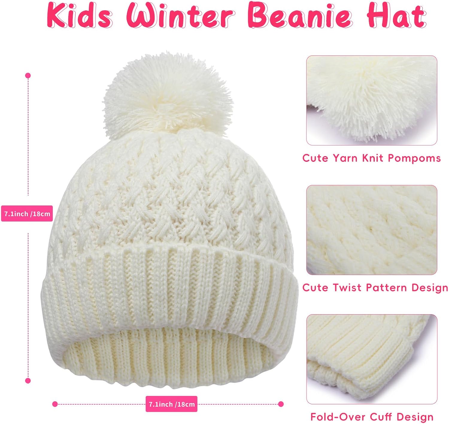 Winter Hat for Kids Children, Girls Beanie with Pom Pom, Girls Accessories Knit Beanies Cap Age 7-12