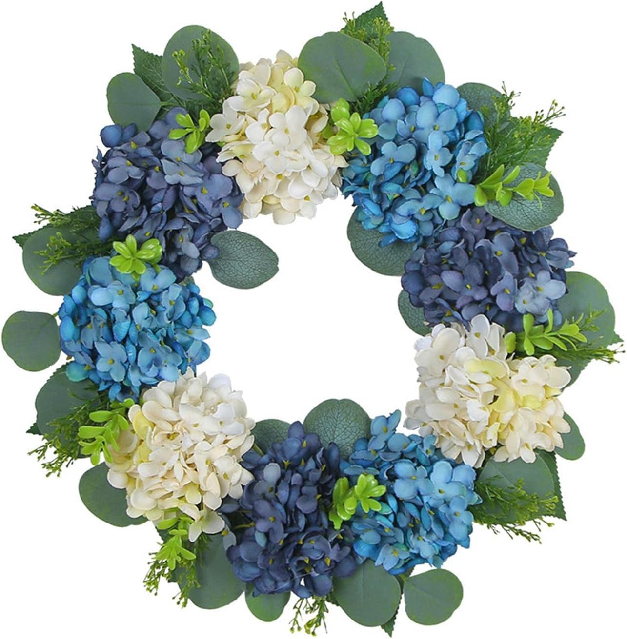 Zbello Green Hydrangea Wreath For Front Door - 40Cm Blue White Artificial Floral Wreath, Rustic Farmhouse Spring Decor, Large Indoor Outdoor Home Wreath