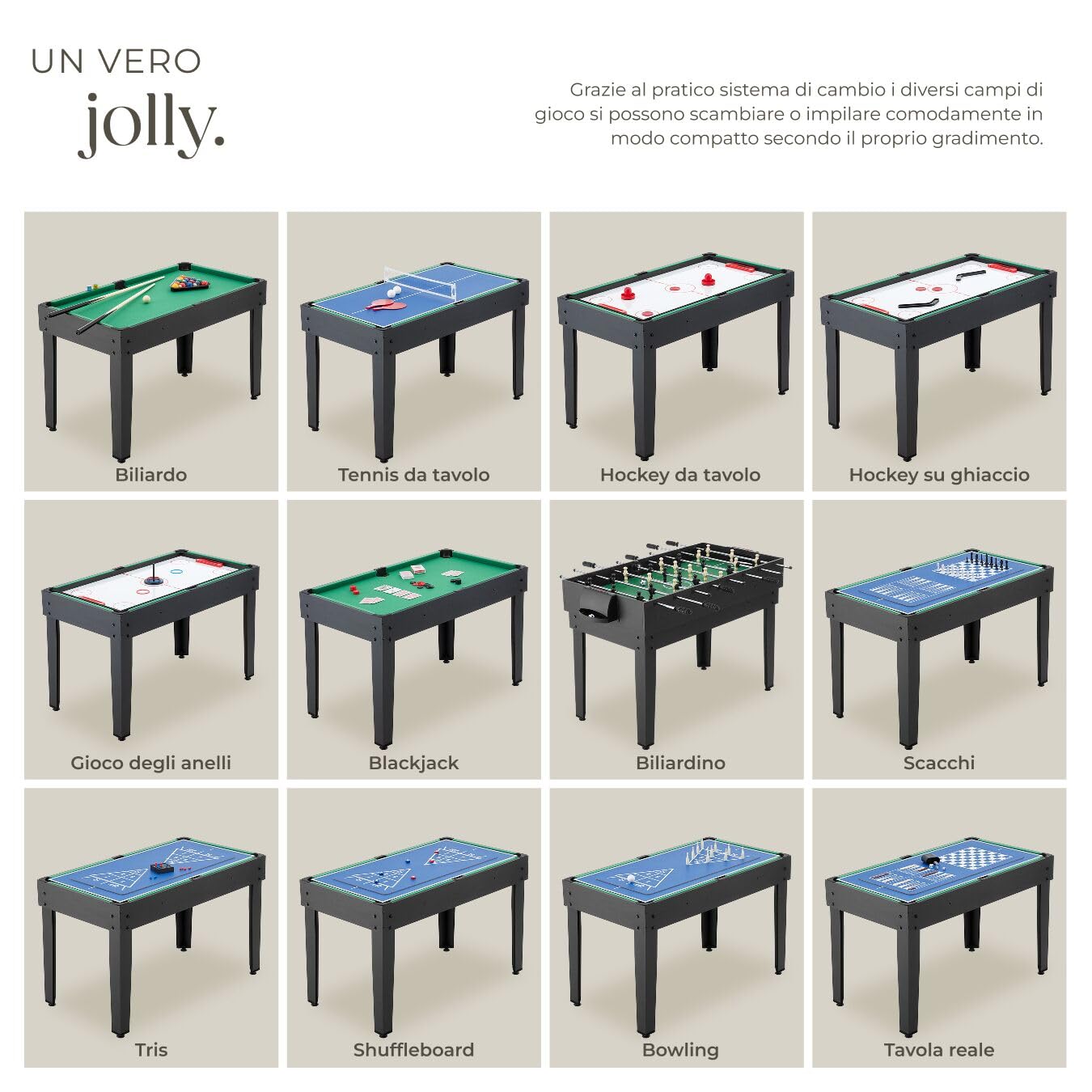 tectake® Tavolo Multigioco SirGameALot 15 in 1 Giochi da Tavolo, con Accessori, Struttura in MDF Resistente, 6 Superfici Autonome Impilabili, per Biliardo, Palline Ping Pong, Calcetto, Calcio Balilla