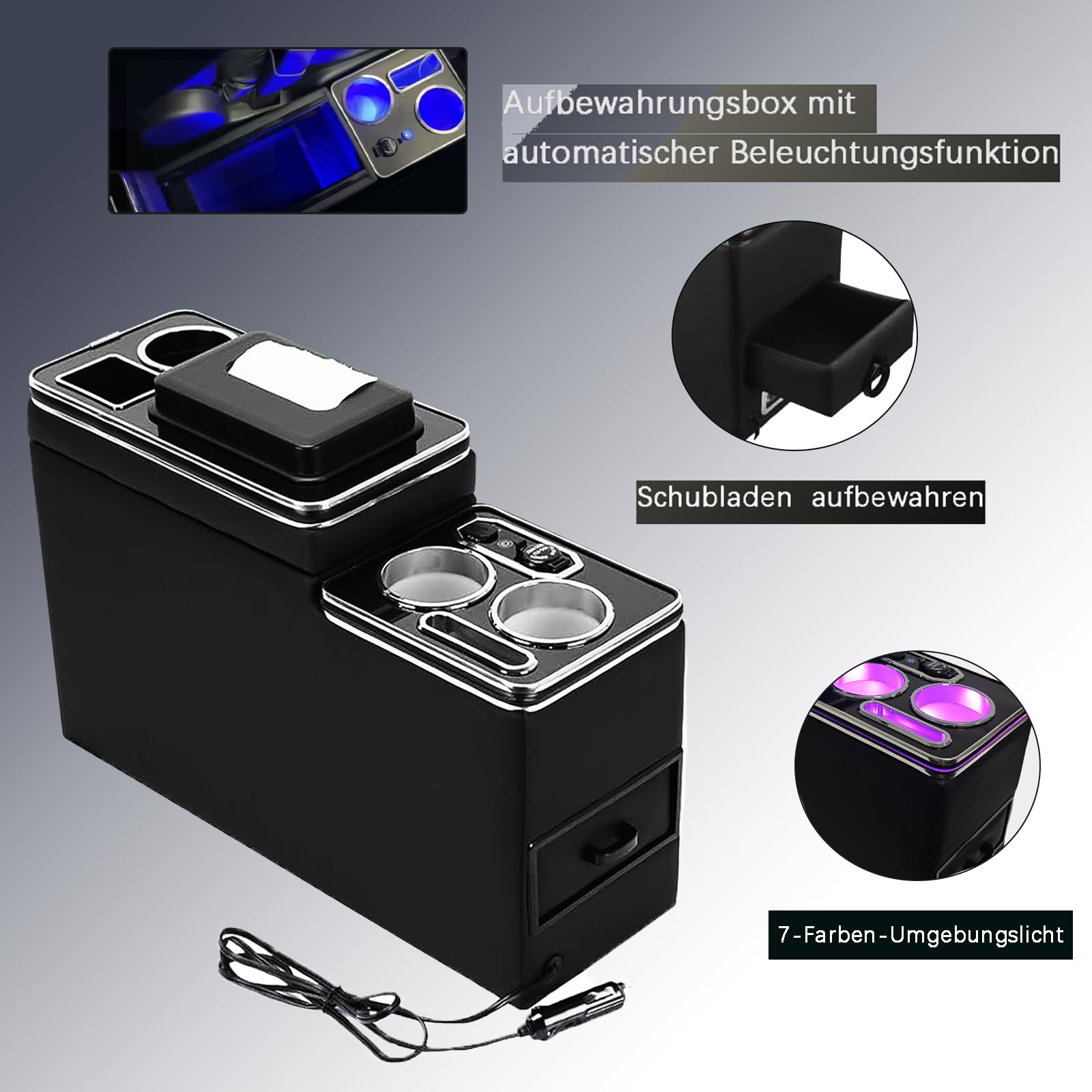 Konsola środkowa z 7 kolorami diod LED i stacją ładującą USB, kompatybilna z VW T4, T5, T6, T7, T6.1, 2003-2019, płyta akrylowa, podłokietnik, pudełko do przechowywania, błyszczące, skórzane,