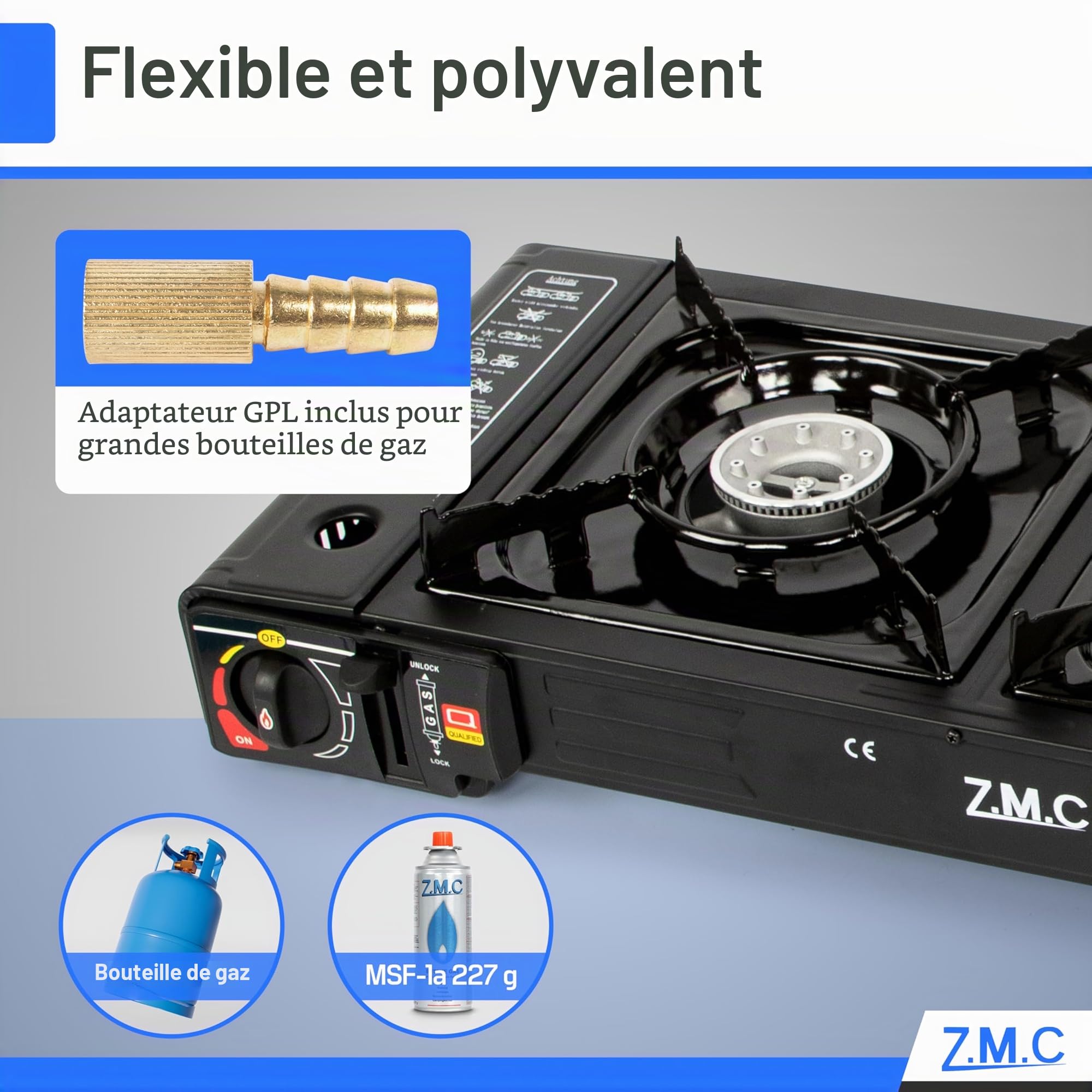 Z.M.C ZMC Réchaud à gaz de camping 2 feux 45x24 cm avec allumage piézoélectrique + adaptateur GPL + 8 cartouches 227 g