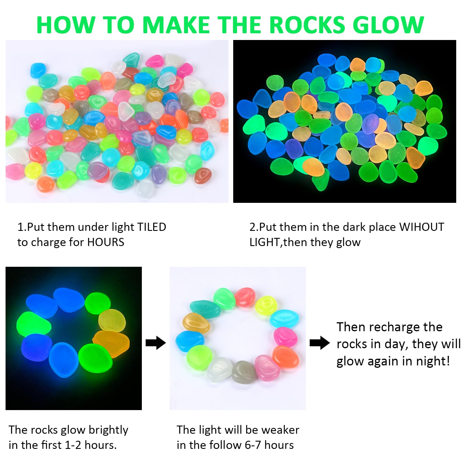 100Pcs Luminous Stones Glow in The Dark Garden Pebbles Stones Rocks, Glowing Rocks for Outdoor Decor, Garden Lawn Yard, Aquarium, Walkway, Fish Tank, Pathway (Mix Color) 1