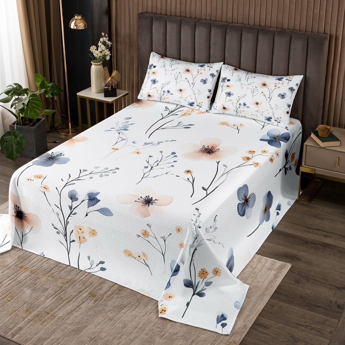 Erosebridal Blue Leaves Coverlet Set,Abstract Leaf Quilt Set Queen Size for Kids Teens Adults,Botanical Plant Bedspread Set,Farmhouse Rustic Bed Cover Bedroom Decor