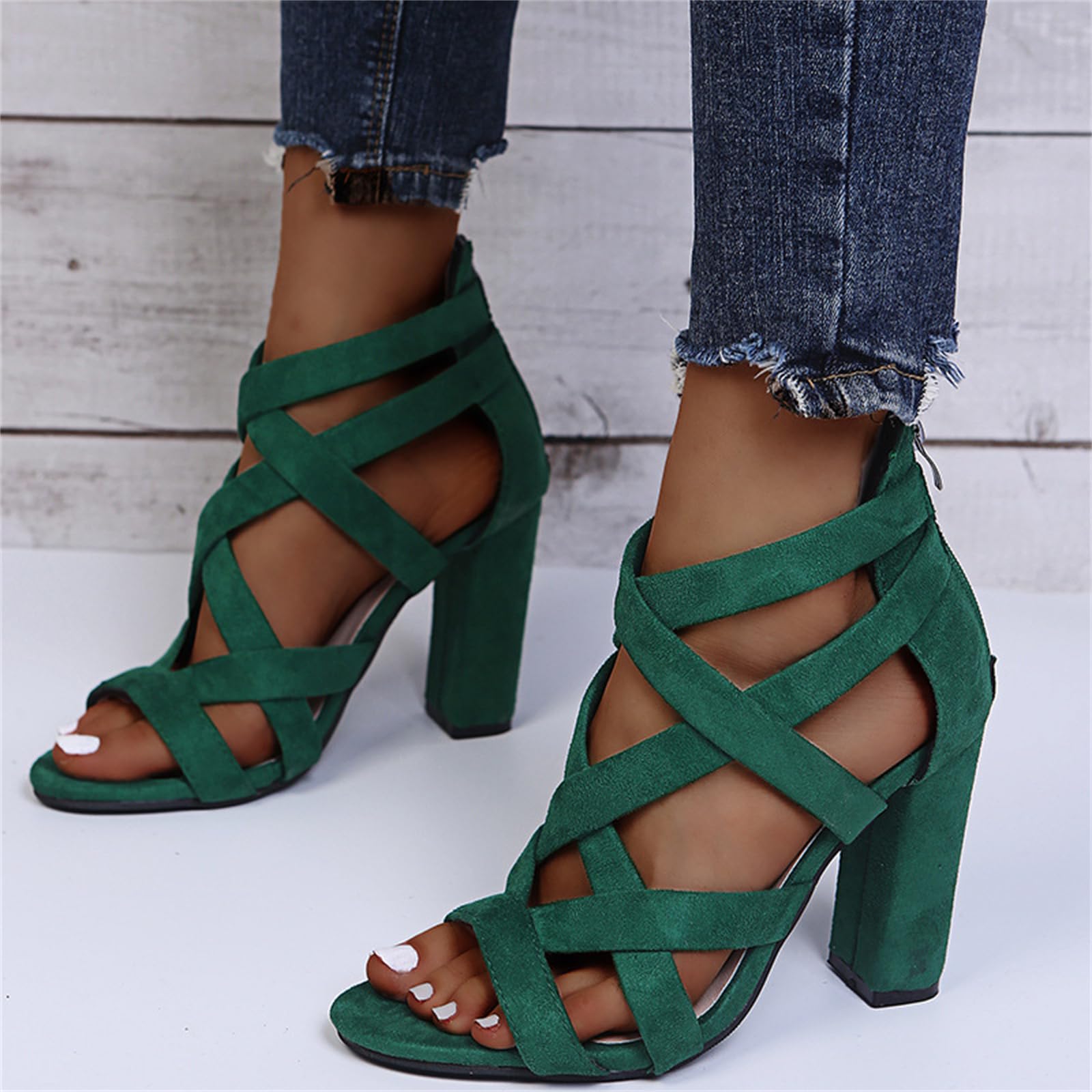 Chunky Heeled Sandals for Women Cutout Open Toe Zipper Block Heel Sandals Summer Wedding Dressy Party High Heeled Sandal