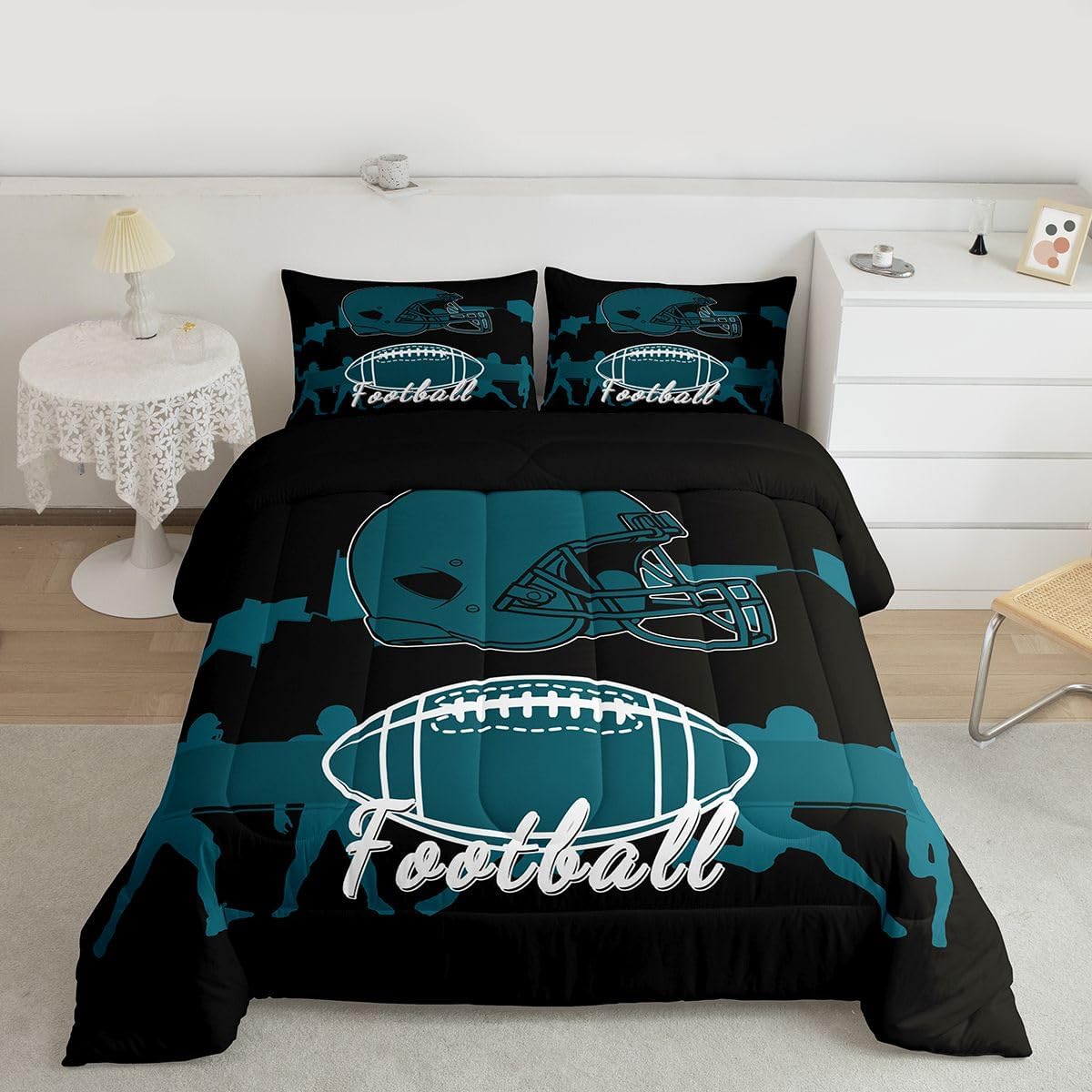 Erosebridal Full Size American Football Bedding Set, Rugby Helmet Comforter Set for Kids Boys Teens Bedroom, Football City Quilt Sports Ball Game Down Comforter, Mint Turquoise Black - Image 2