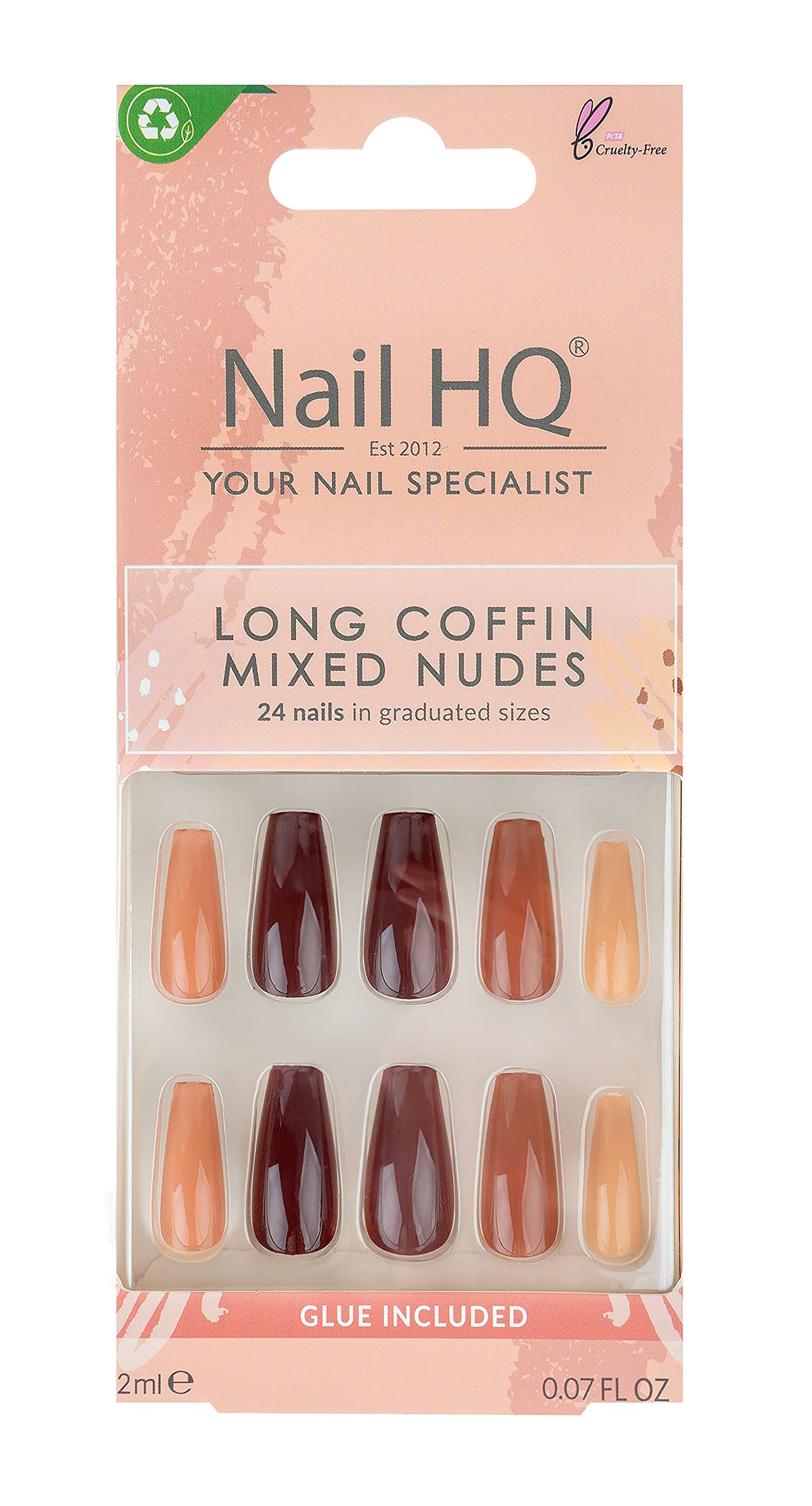 Nail HQ False Nails - Long Coffin Mixed Nudes - 24 Nails with Glue Included