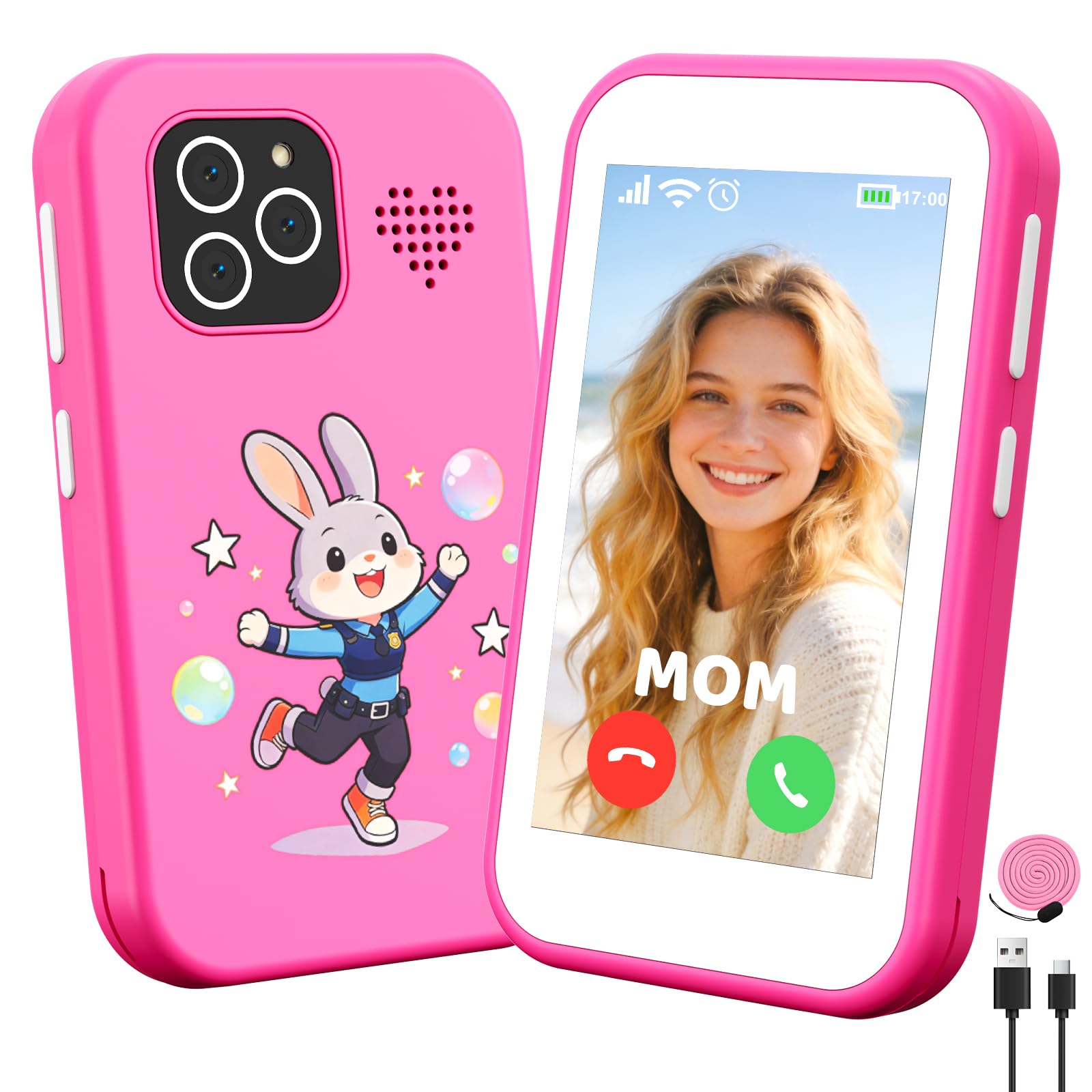 CHAKEYAKE Téléphone Enfant, Smartphone Enfant Mini sans Abonnement, Écran Tactile HD 3,5", Appareil Photo, Jeux Éducatifs, Batterie 1000 mAh, USB-C, Cadeau Noël & Anniversaire Enfants 3-12, Rose