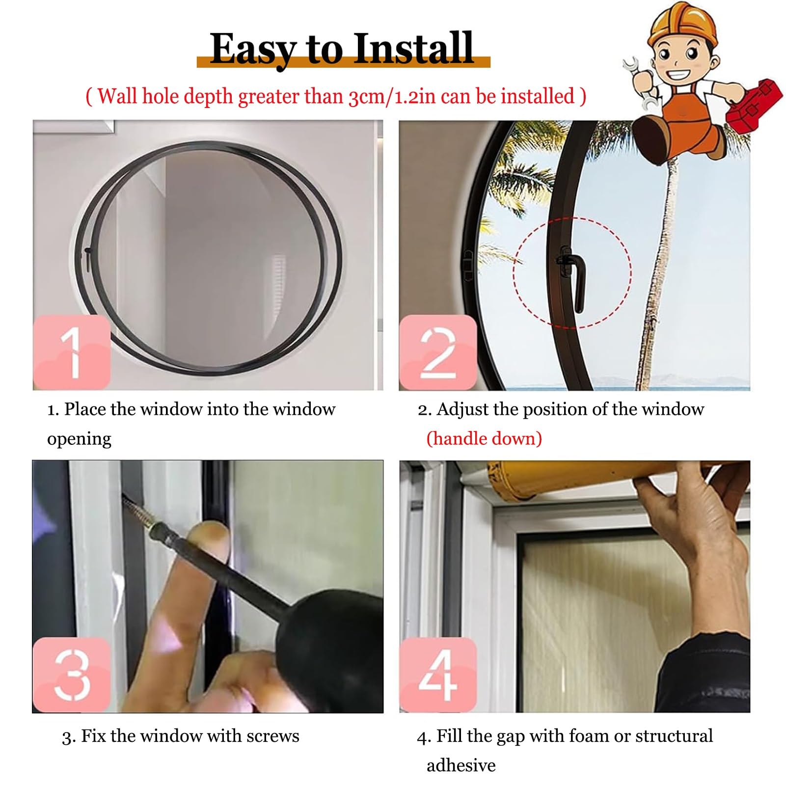 Ventana Redonda de Metal empotrada con Vidrio Templado, rotación de 360°, Eje Central y manija, ventilación e iluminación, Ventana Horizontal (Negra, 70 cm/27,6 Pulgadas)