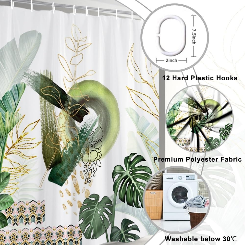 Uiiooazy Cortina de Ducha de Hoja Eucalipto, Cortinas de Ducha Verde Oro Abstracto Planta Cortinas de Baño Antimoho Impermeable Lavable Tejido de Poliéster Cortina Ducha con Ganchos 90x180cm — view 160