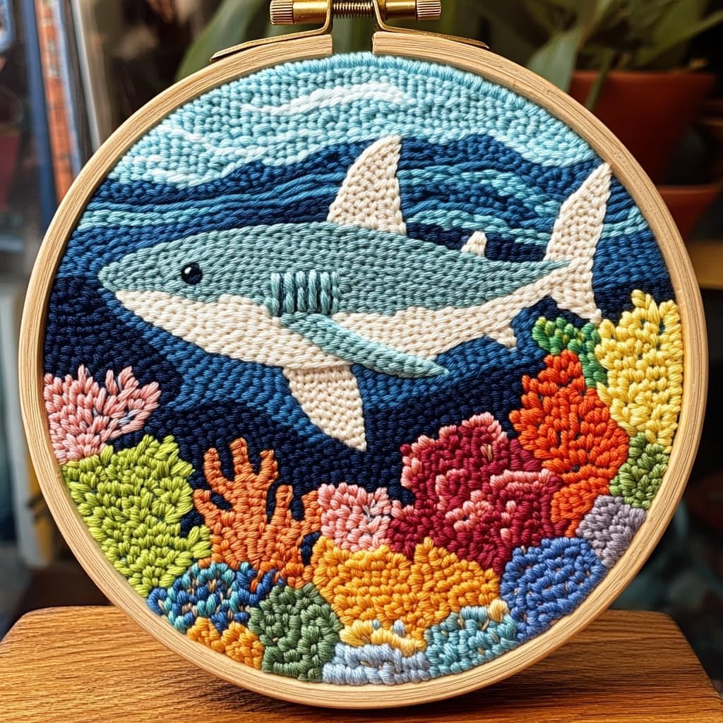 DIY Punch Needle Kits Sea Shark and Corals Easy for Beginners Punch Needle Embroidery Set with Hoop Stamped Pattern for Craft Lovers and Home Decor-2