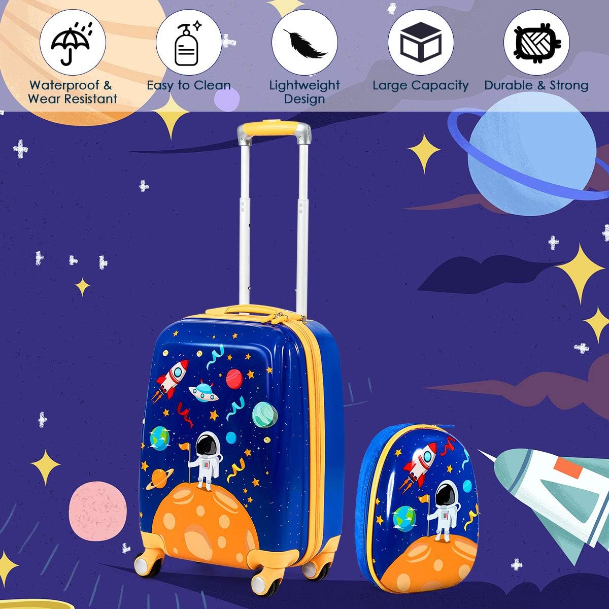 Goplus Kids Luggage Set, 12" & 18" Kids Carry On Luggage Set, Multi-directional Wheels Suitcase, Large Capacity Rolling Trolley Suitcase, Gift for Boys and Girls Toddlers Children Travel