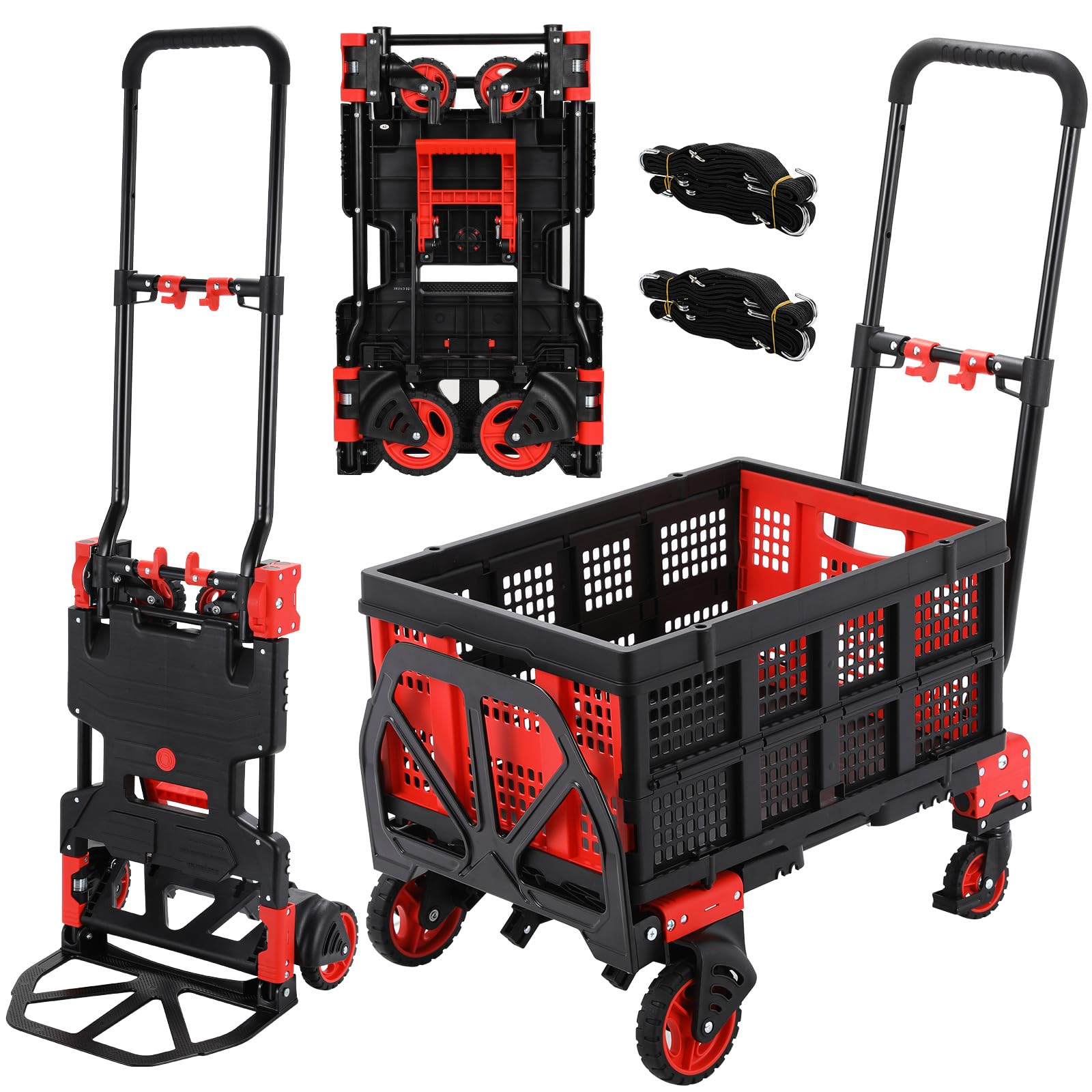2-en-1 Carro y Carretilla Plegable, con Caja Abatible, 150 kg Capacidad, 3 Alturas Ajustables, Incluye 2 Correas de Sujeción, Ideal para Mudanzas, Supermercado y Acampada (Rojo)