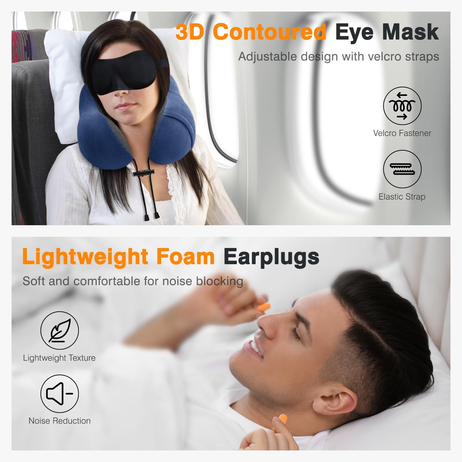 urnexttour Cuscino da viaggio per aereo, in memory foam, confezione da 3 cuscini per il collo per viaggiare con maschera per gli occhi, tappi per le orecchie e borsa portaoggetti, riposo, auto, treno