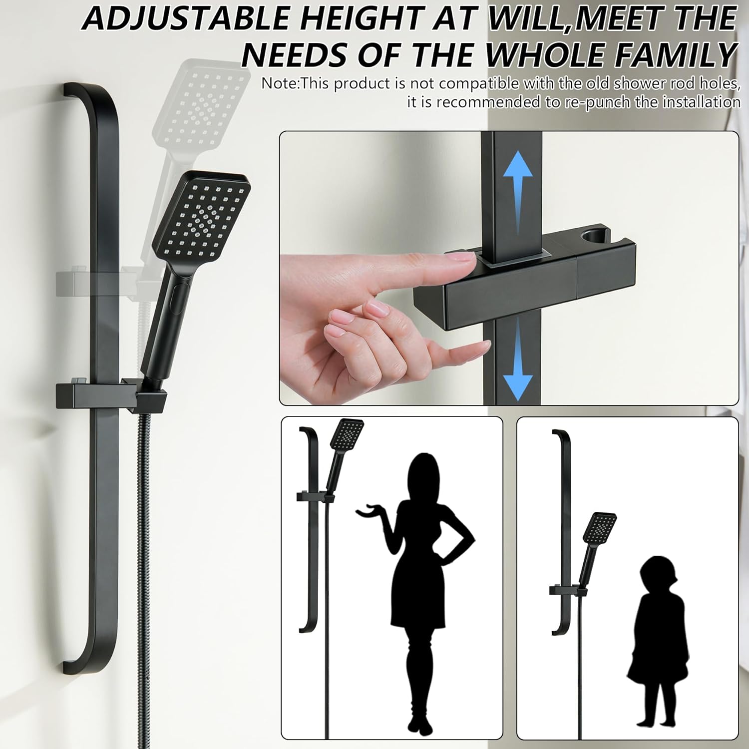 Shower Head with Slide Bar, Matte Black 25.5" Adjustable Height Slide Bar with Hand Shower Square Hand Shower with Slide Bar