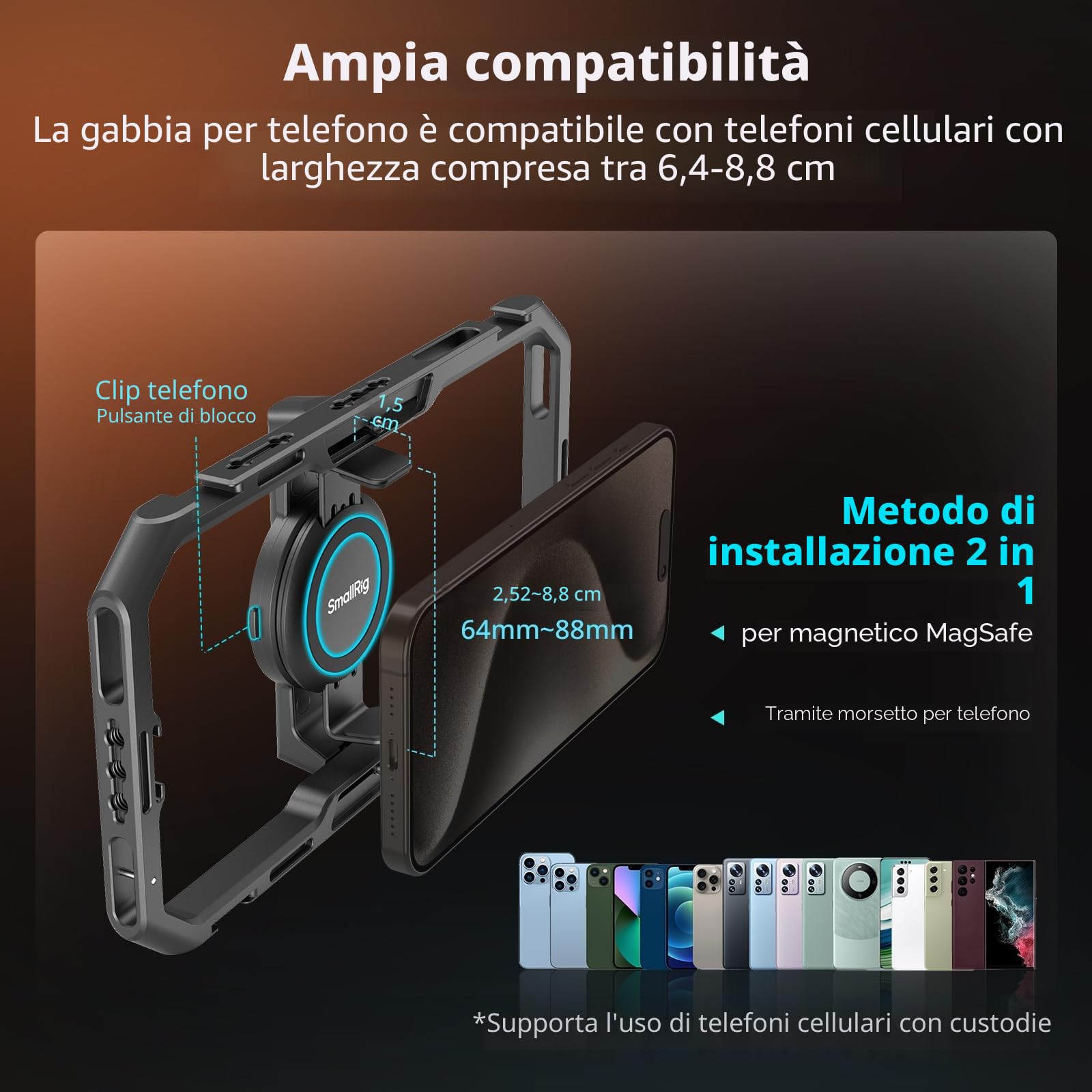 SMALLRIG Universal QR Phone Cage Kit Basic, Rig Video in Alluminio con Maniglia di Controllo Wireless, Maniglia QR e Clip per Telefono, Supporto per MagSafe, per iPhone 16/15/14/13 Serie - 4597