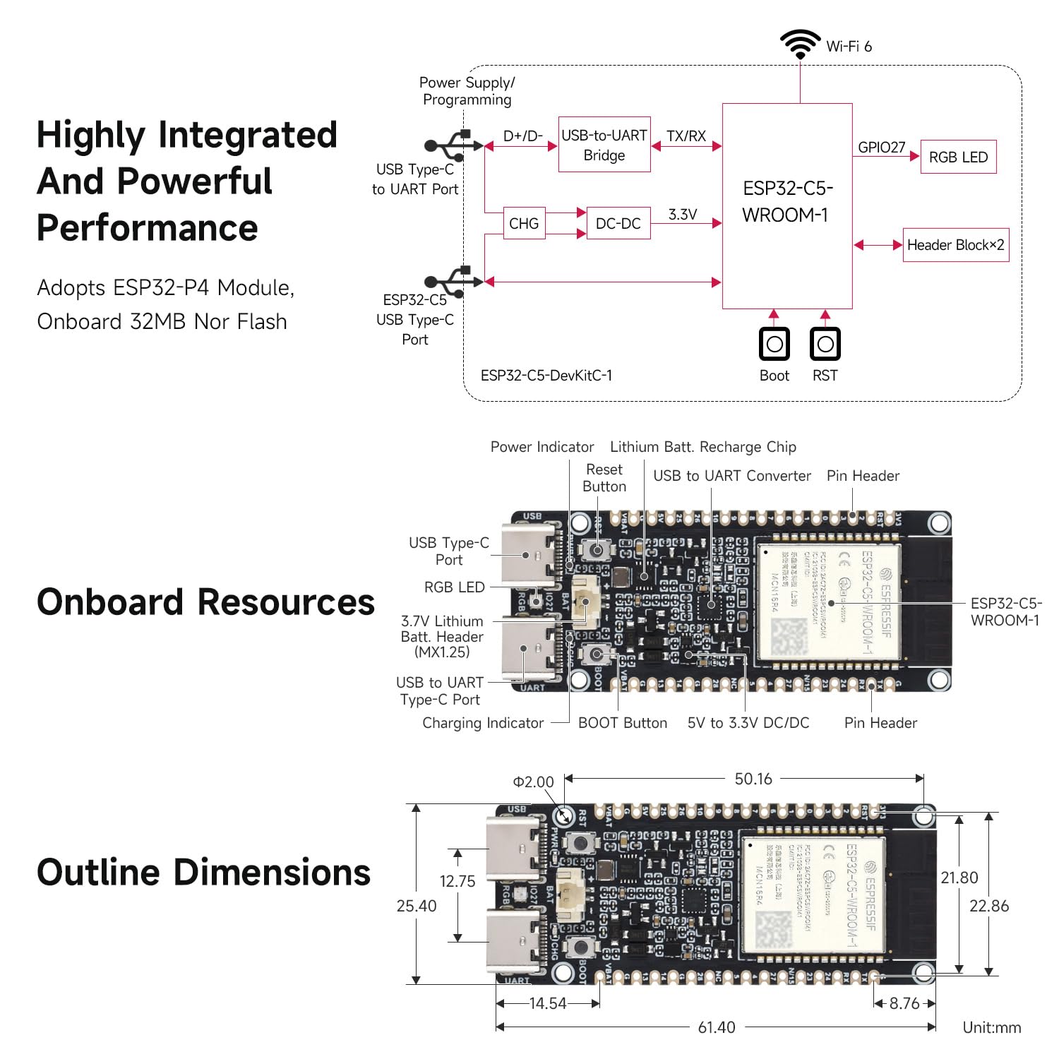 Waveshare ESP32-C5 Dual-Band Wi-Fi 6 Development Board 16MB Flash 8MB PSRAM 240MHz RISC-V Processor ESP32-C5-WROOM-1 Module