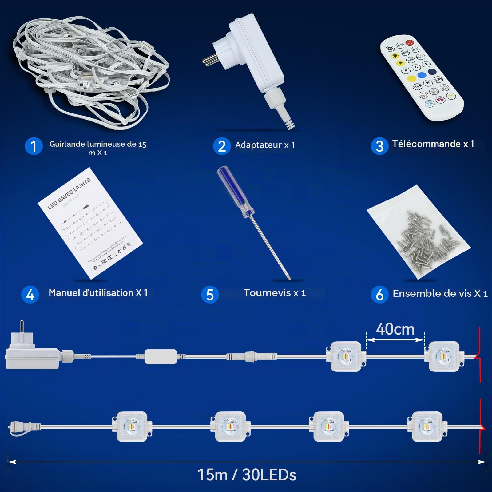 Guirlande Lumineuse Extérieure Permanente 15M 30 LED RGBIC Guirlande Lumineuse Exterieur Multimode, APP et Télécommande, IP65 Étanche pour gouttières, Plafonds et Balcon