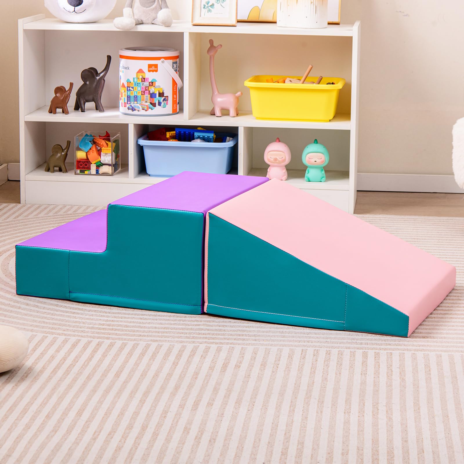 COSTWAY 2PCS Parcours Motricité Bébé en Mousse avec Housse Amovible en PU, Module Motricité Bébé avec Marche & Toboggan, Jouets Éducatifs pour Ramper Grimper pour Enfant d'Âge Préscolaire
