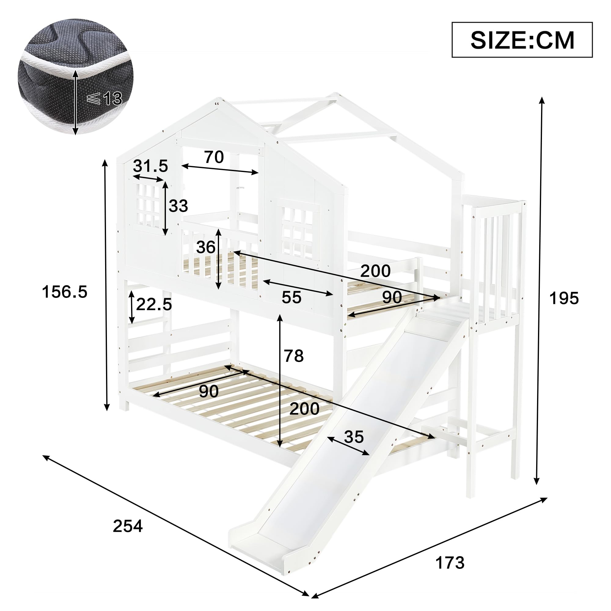 Etagenbett mit Kinderrutsche, Kinderbett, Exquisites Fenster- und Dachdesign, Stabiler Lattenrost und Stufen, Kiefer + MDF+Sperrholz, Weiß, 90x200cm