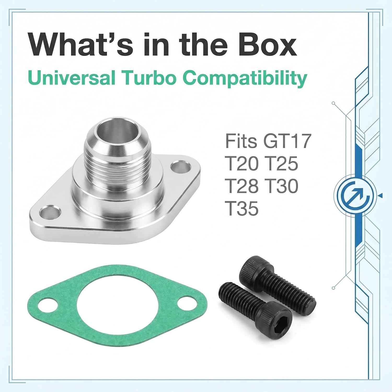 1 PC FT07-AN10 Turbo Oil Return Drain Flange Adapter Kit, with Sealed Gasket and 2 Bolts, GT28 GT30 GT35 T25, Universal Turbo Oil Inlet Repair Part (Silver)
