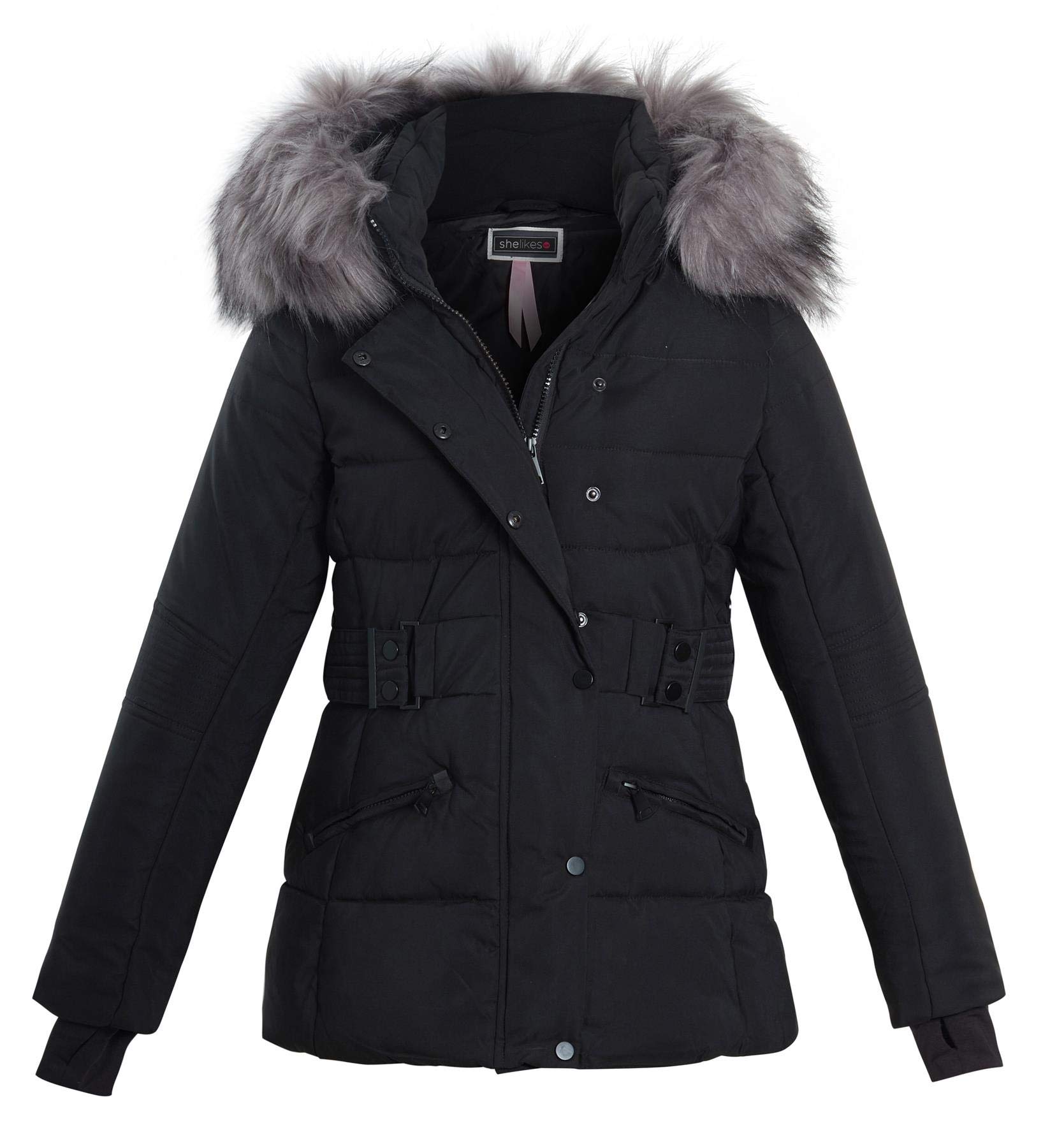 shelikes Womens Faux Fur Quilted Jacket Hooded Belted Winter Warm Parka Coat For Ladies